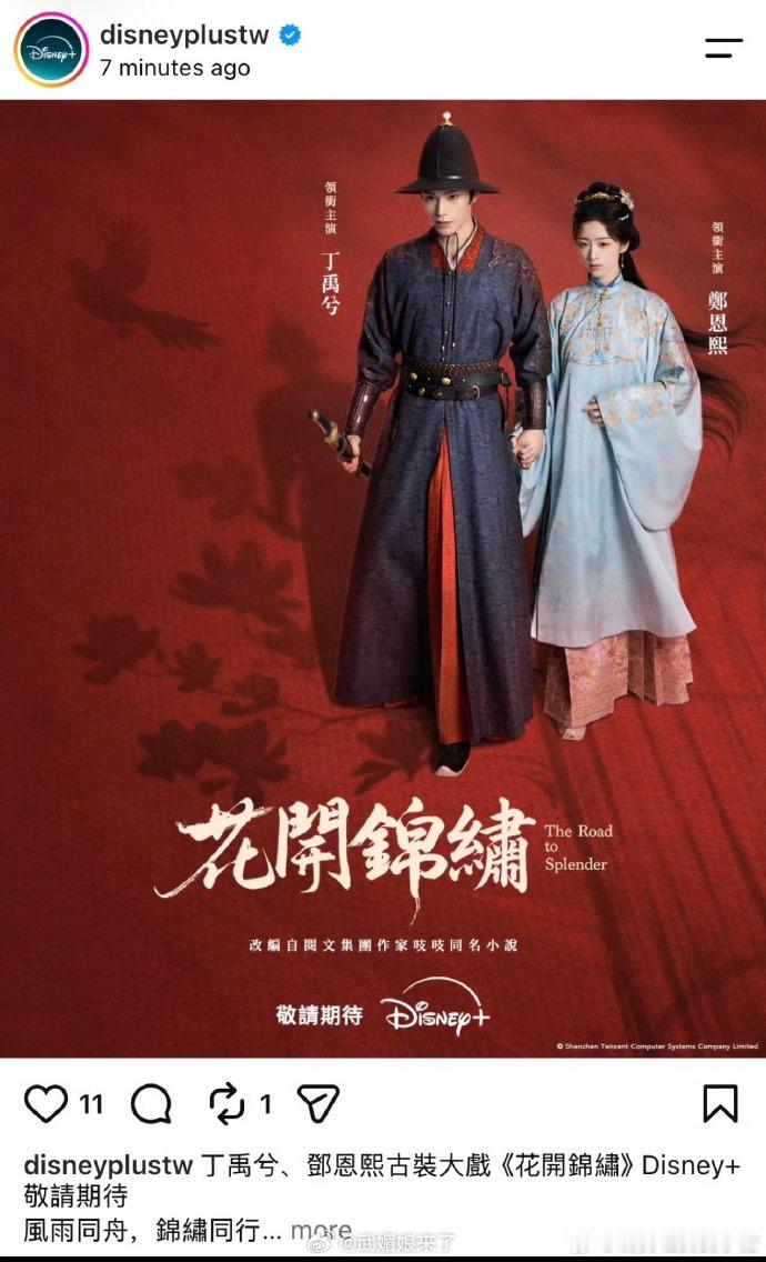 丁禹兮 《花开锦绣》预计8月同步登陆迪斯尼➕，赵凌内外网大爆！ 