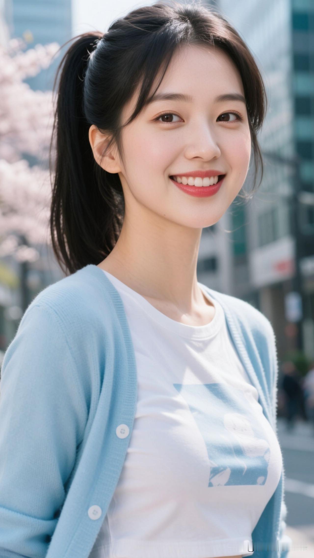 🌸 浅蓝开衫织进春日的风，樱粉在楼宇间漫成诗，笑起来时，整个城市都浸着治愈的甜