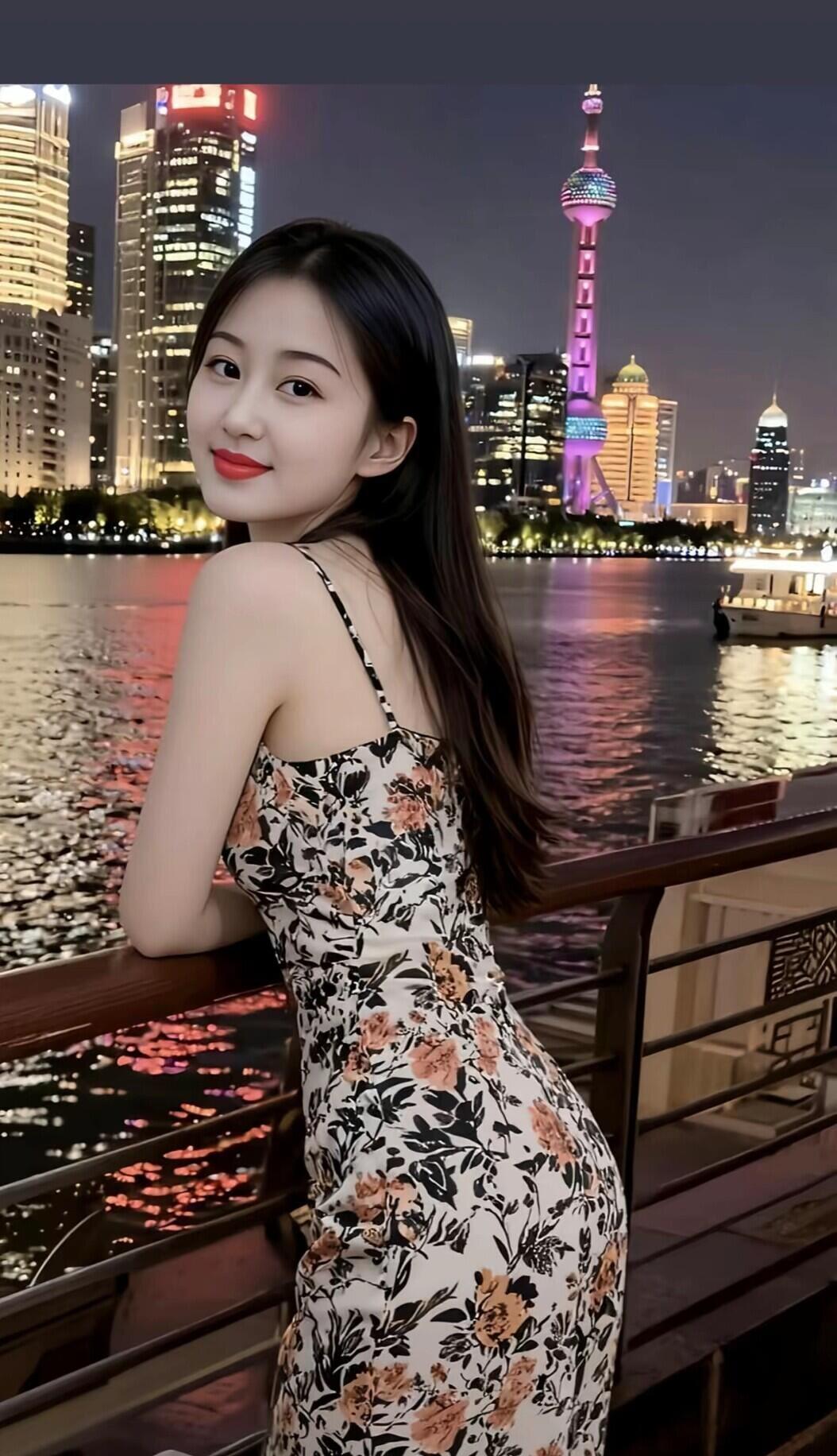 夜晚上海滩，东方明珠塔下，少女倚栏赏夜景。
