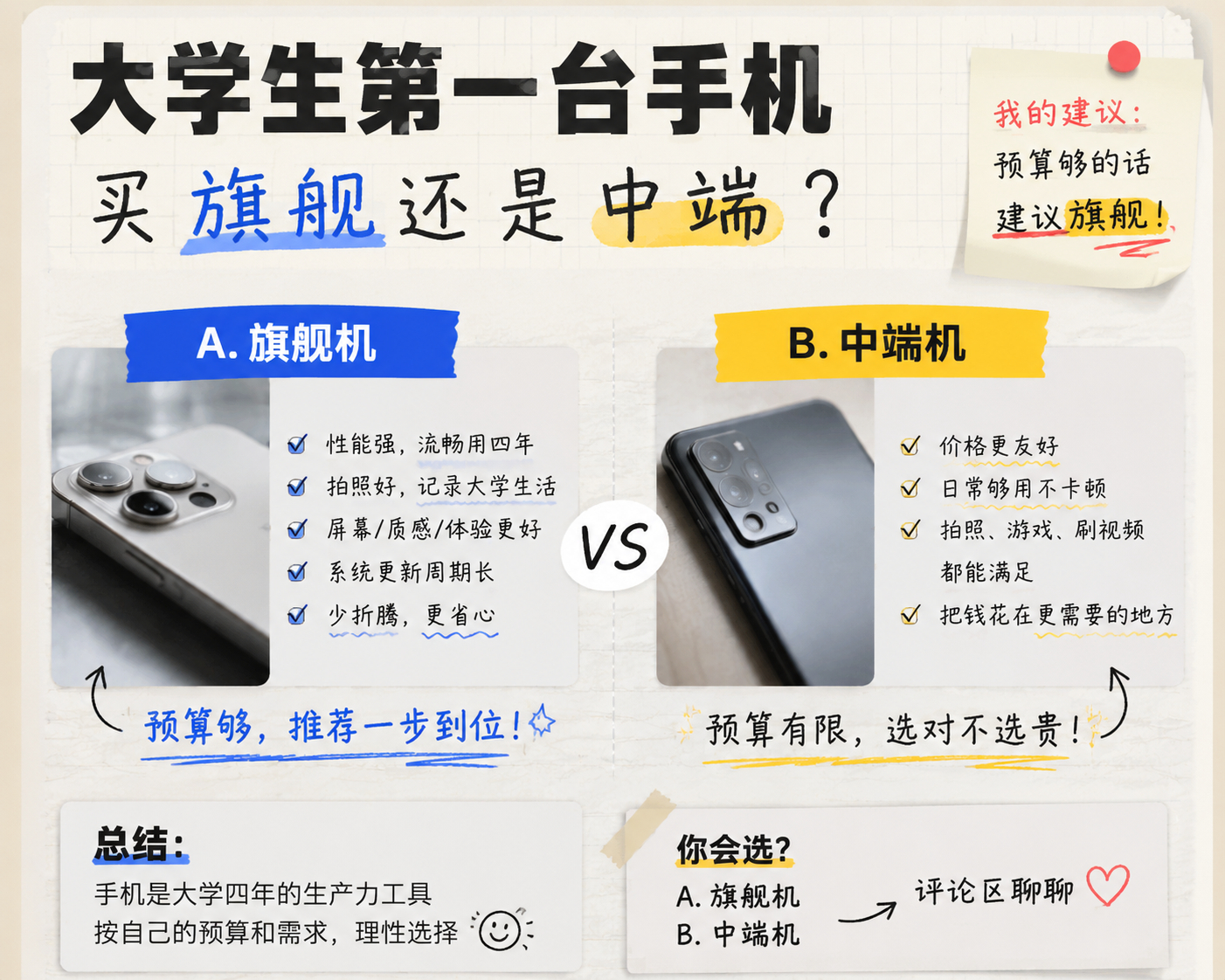 大学生第一台手机买旗舰还是中端开学季数码抄作业如果只能二选一，大学生第一台手机买