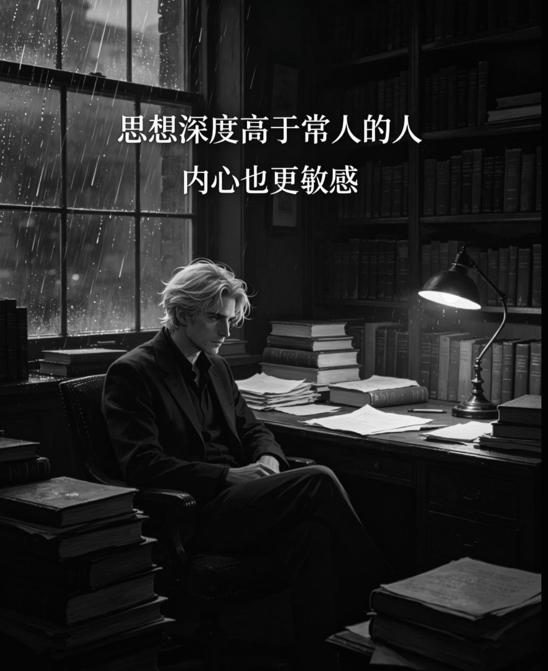 思想深度高于常人的人，
内心也更敏感。
可能他比常人感受到的同样的痛苦，
要强几