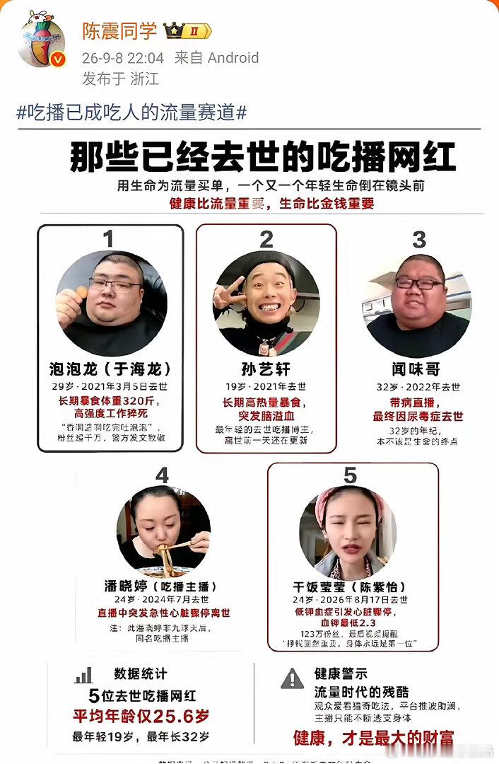 看到陈震老师聊吃播已成吃人的流量赛道，真的感触很深。我关注列表里就有那位主播，当