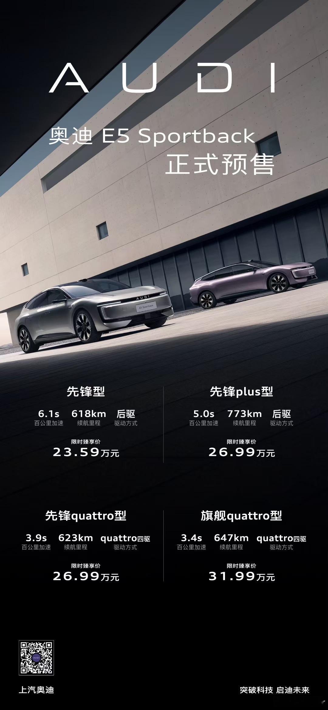 奥迪 E5 Sportback 正式预售，23.59万元起，话说这个价格还是有惊