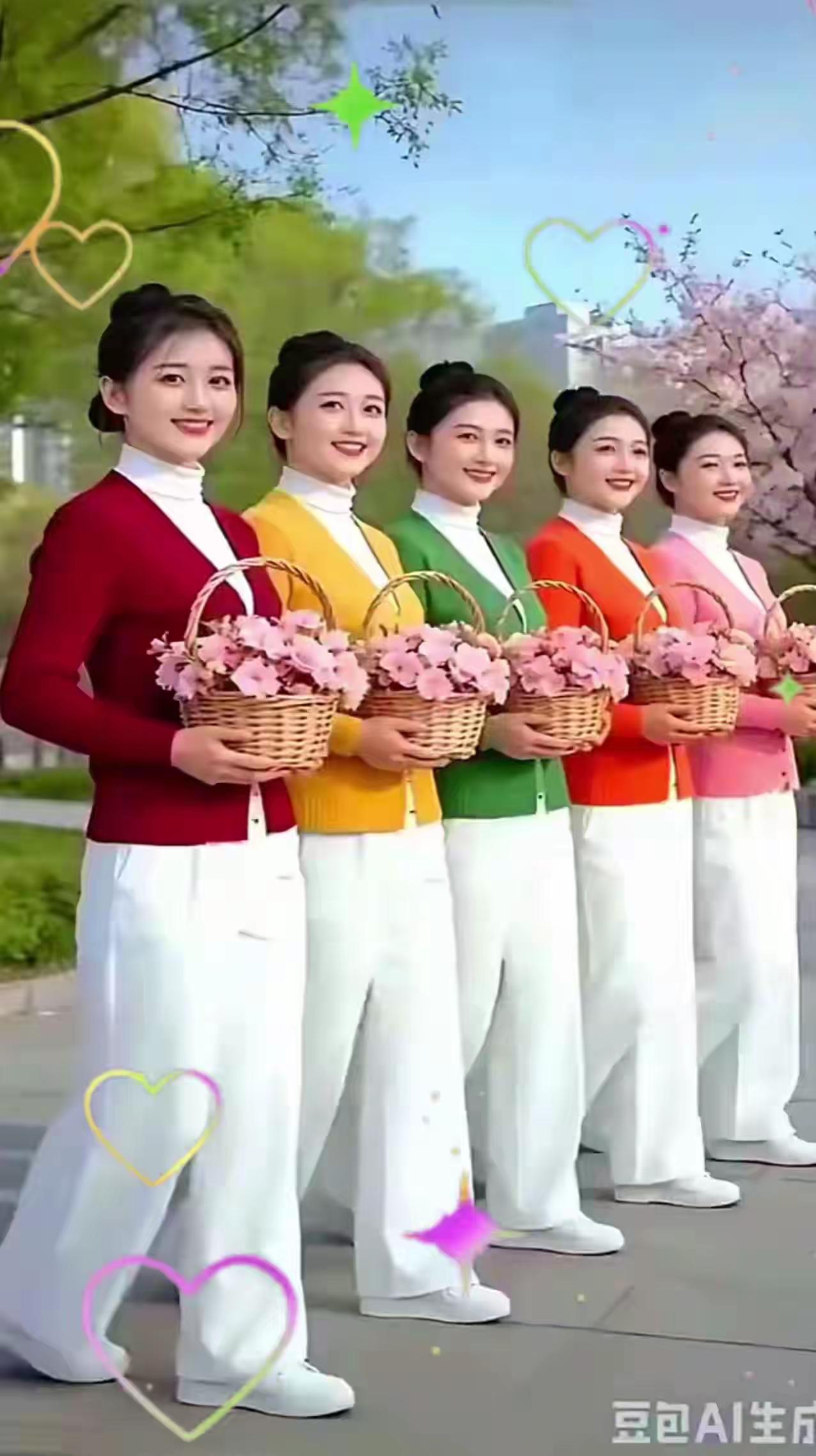 佳人美娇颜，
手中捧花篮。
青春无限好，
喜悦自心间。
