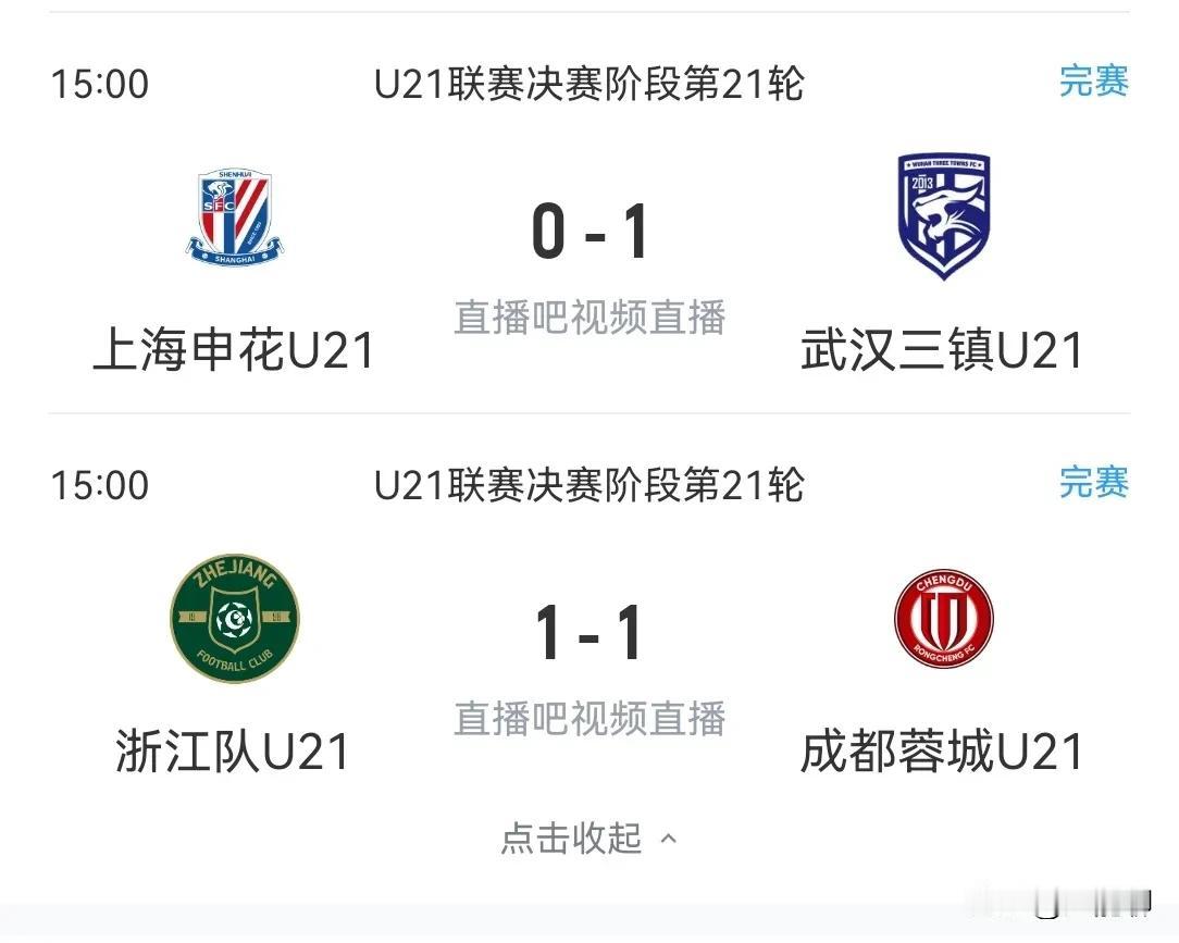 随着U21联赛倒数第二轮武汉三镇1：0上海申花，成都蓉城1：1浙江，武汉和成都两