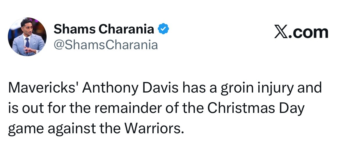 Shams：戴维斯腹股沟受伤，出于谨慎考虑，退出比赛。 