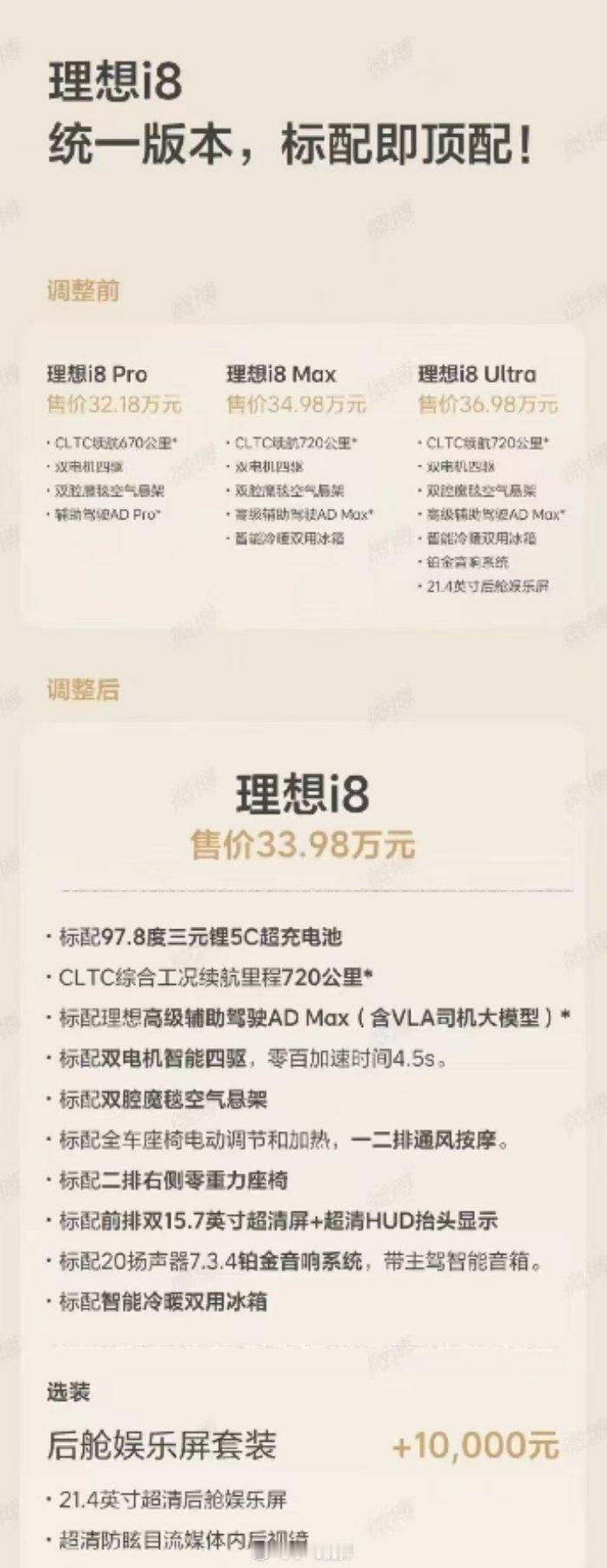 理想i8调价理想i8统一为一个配置原本三个配置版本（Pro, Max, Ultr