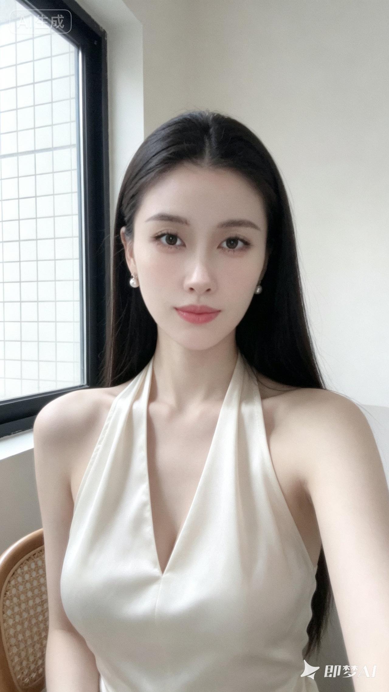 这位美女穿着白色连衣裙，坐在窗边。