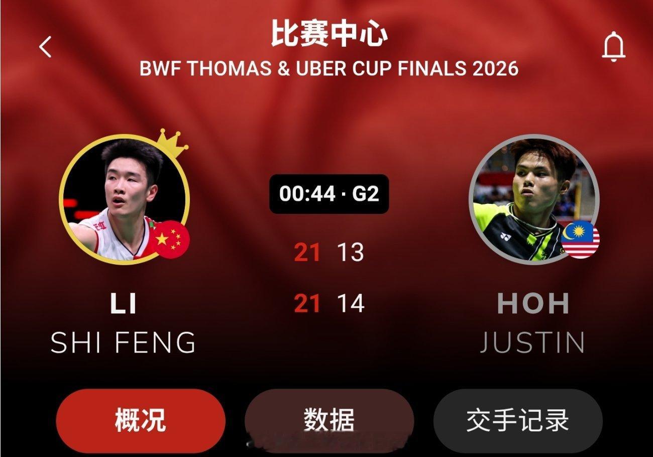 2026年汤尤杯 汤杯 1/4赛 中国 3-0 马来西亚男单 李诗沣 21-14
