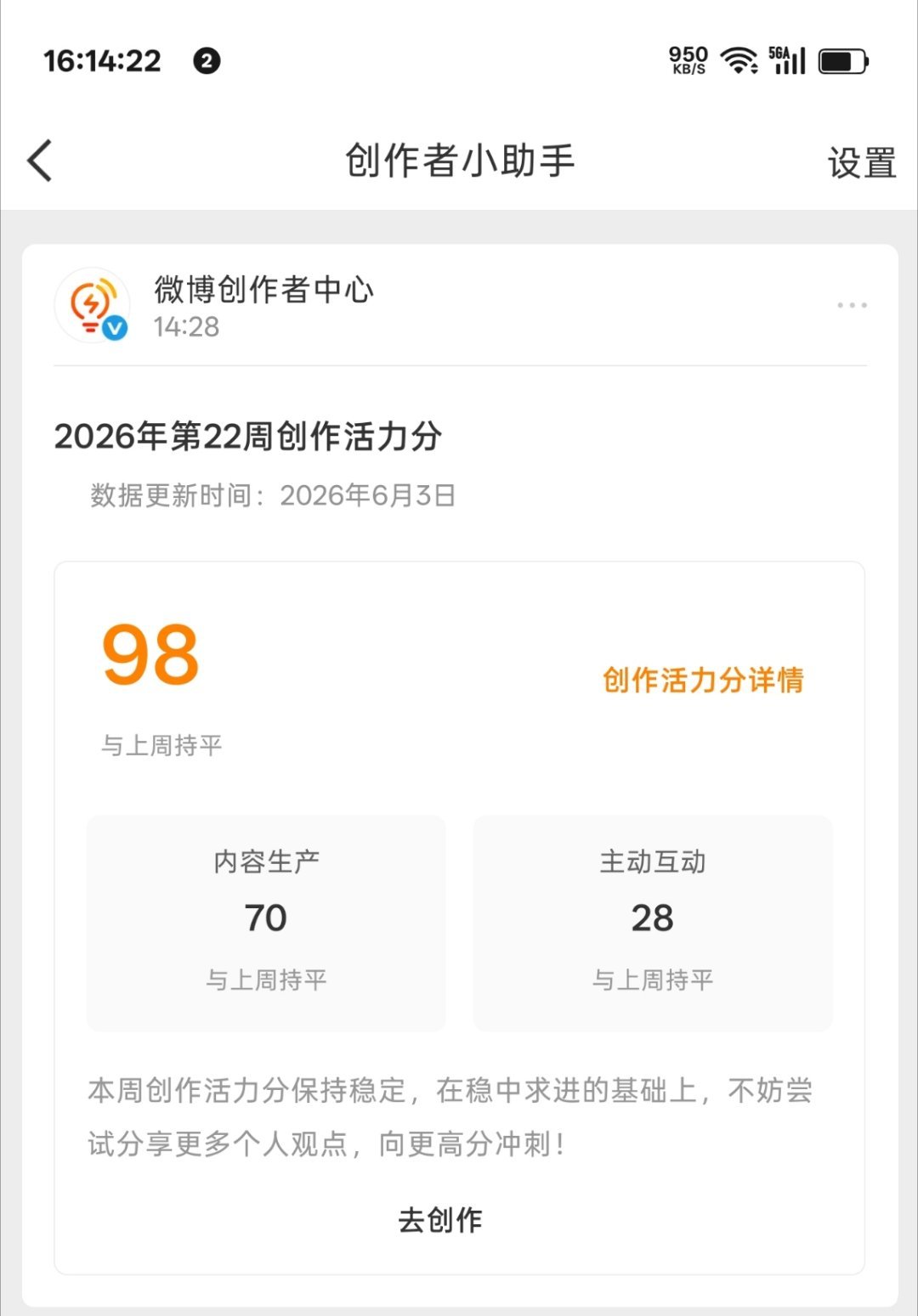 怎么事，这周创作活力分又差两分。我这周得努努力了，争取干它 100 分。
