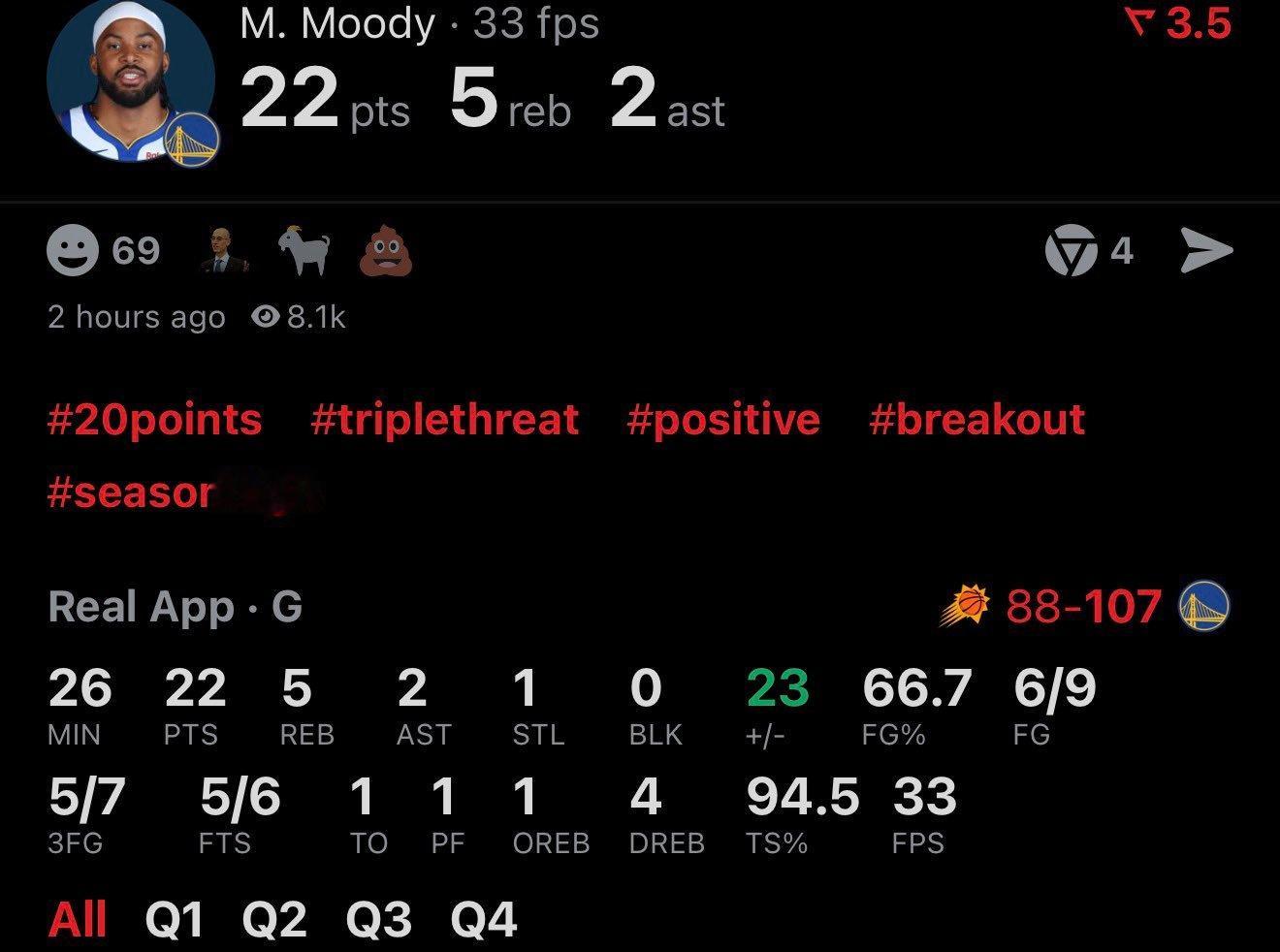 今天手感真好啊，22分了[打call]勇士vs太阳 ​​​