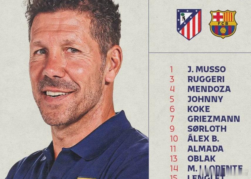 马竞战巴萨次回合大名单：格列兹曼、小蜘蛛领衔，奥布拉克回归马竞俱乐部公布了欧冠1