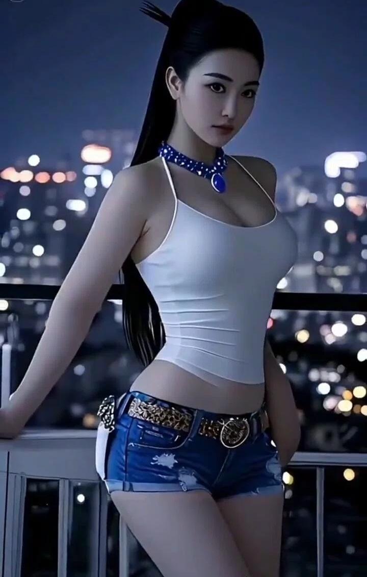 都市夜景下的时尚少女，蓝宝石项链闪耀，牛仔短裤与白色背心搭配，尽显青春活力。