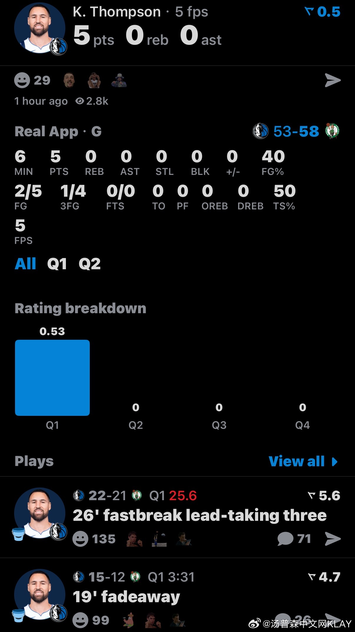 半场就打6分钟，为什么啊独行侠vs凯尔特人凯尔特人vs独行侠克莱克莱汤普森汤普森