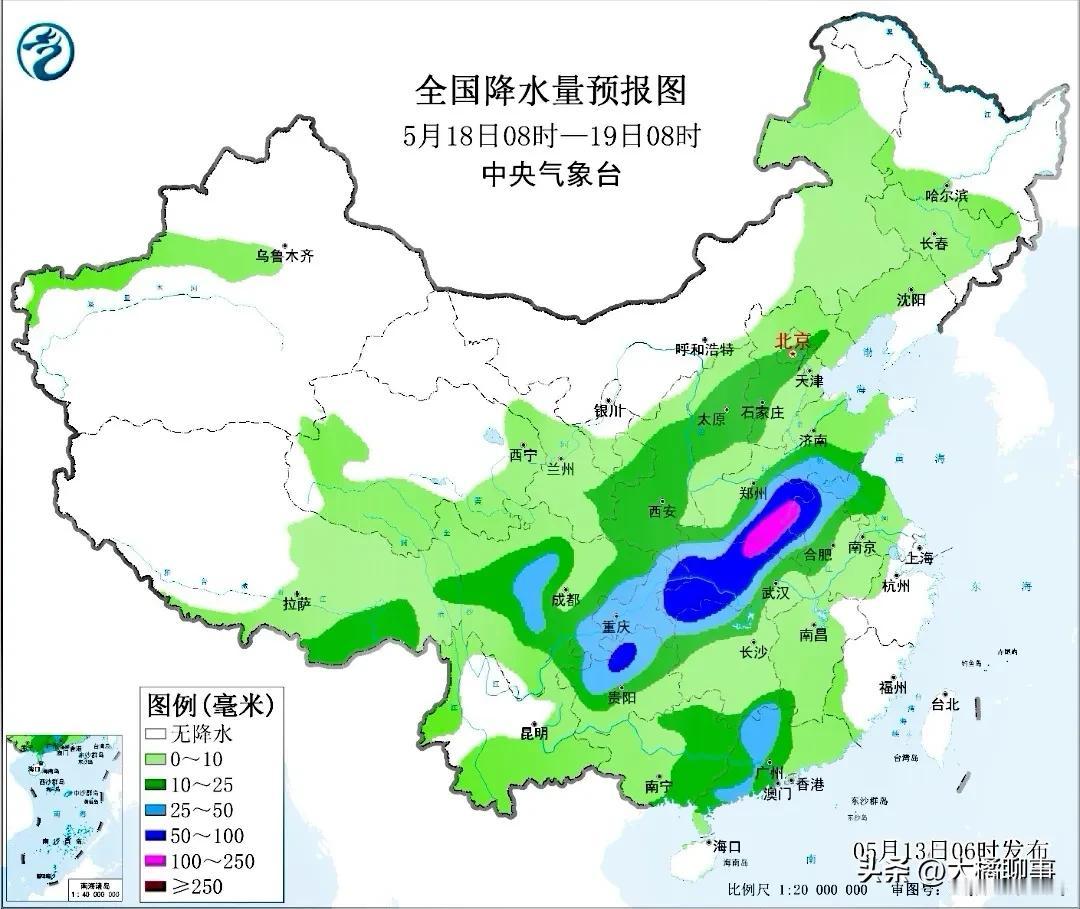 大到暴雨即将来袭。据中央气象台全国预报图预测显示在5月18日到19日左右期间，在