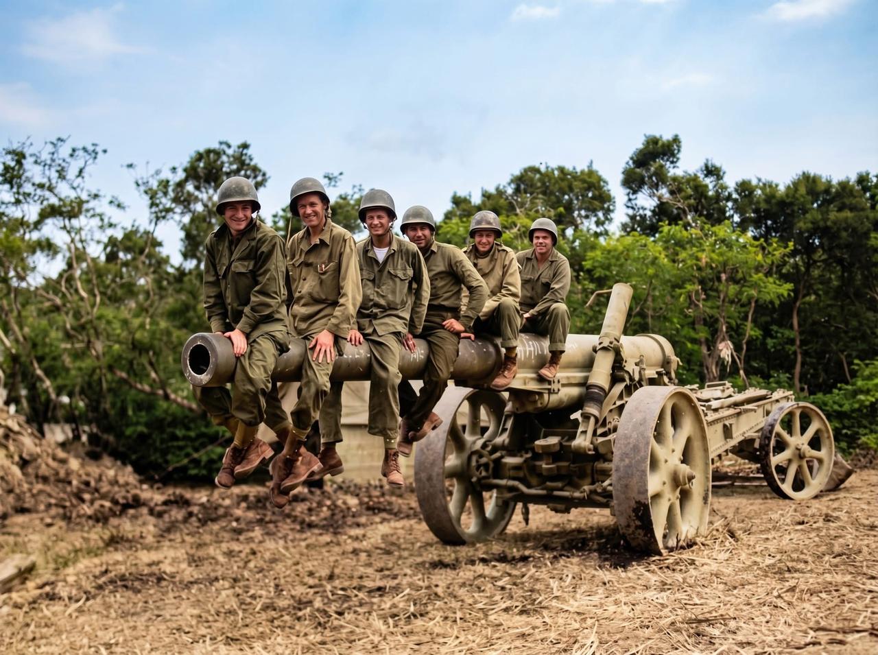 1945年，冲绳战役期间，美军士兵与刚从日寇处缴获的150毫米火炮合影！

可喜