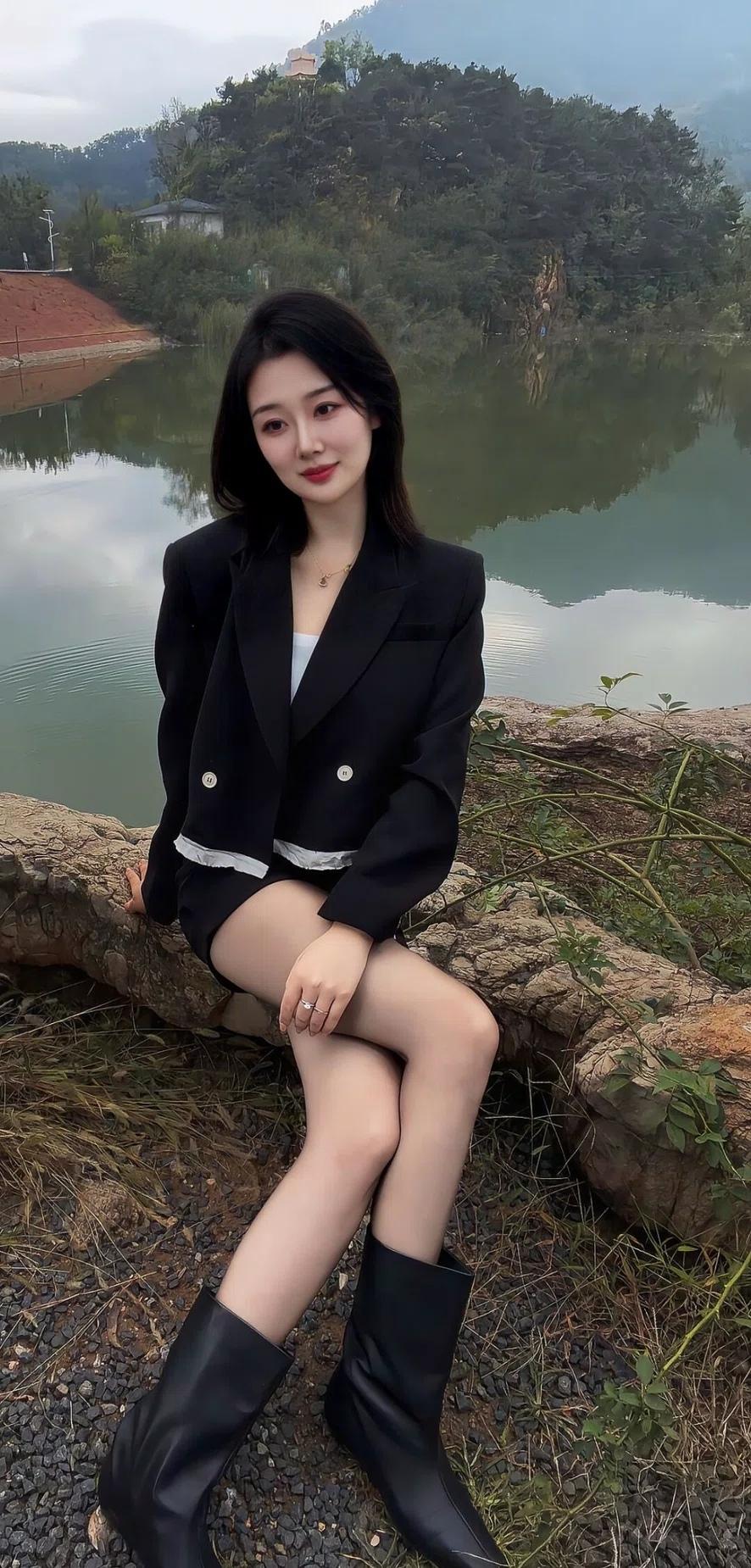 在湖边小憩，黑西装与黑靴的时尚穿搭，自然美景作背景。

黑西装的肩线挺括利落，熨