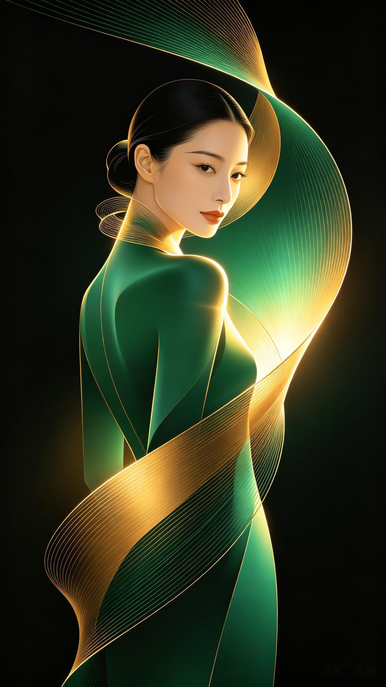 极光绿琥珀金流线构成东方女子莫比乌斯身形，回眸曲面连体，内透逆光交织光晕，金属锐