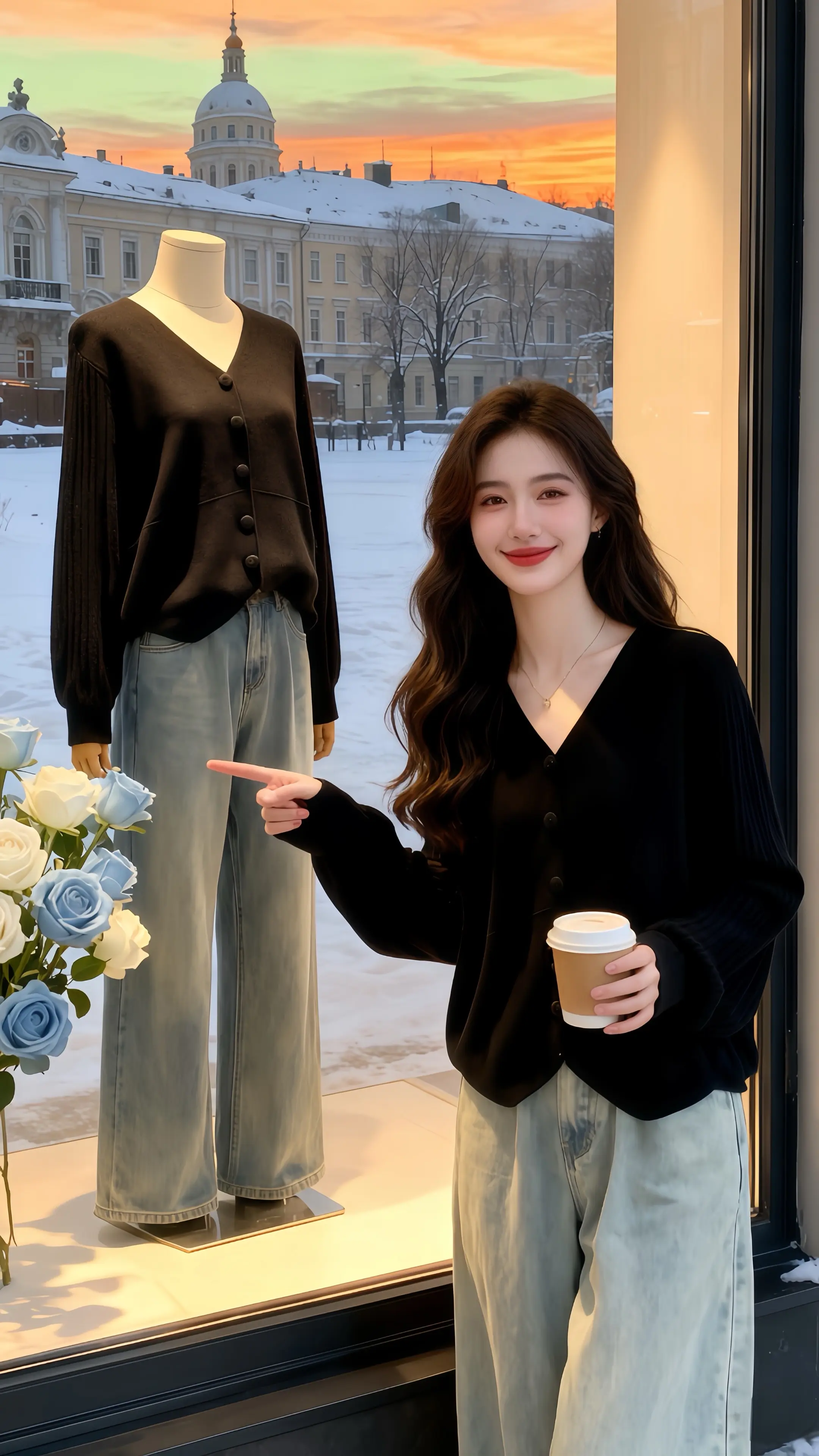 她穿着韩系大码针织开衫毛衣，软乎乎的黑色肌理裹住肩背，单侧纽扣松松扣着...