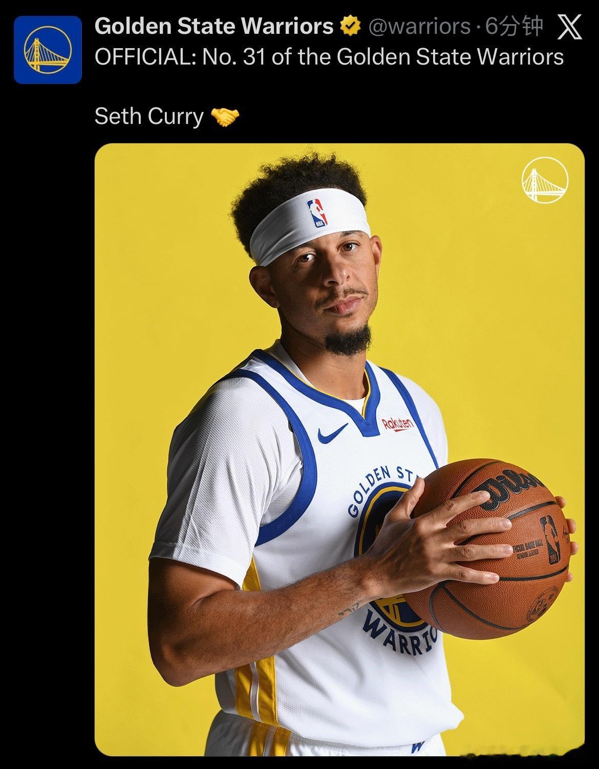 勇士官方宣布正式与塞斯-库里达成协议，后者将身穿31号球衣。 