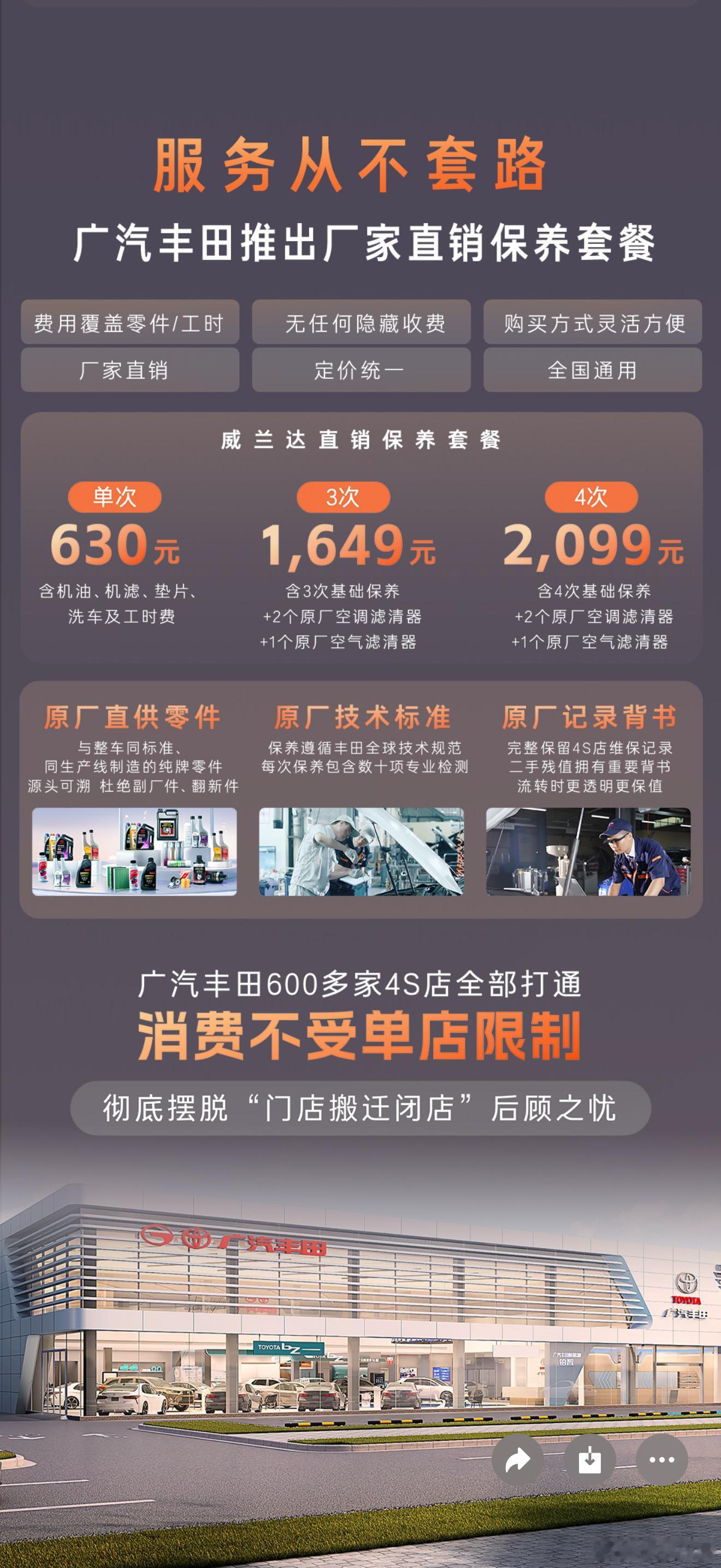 广丰保养都厂家包直销了，几好费用清晰，官方保证，哪个店都能用！广汽丰田发布厂家直