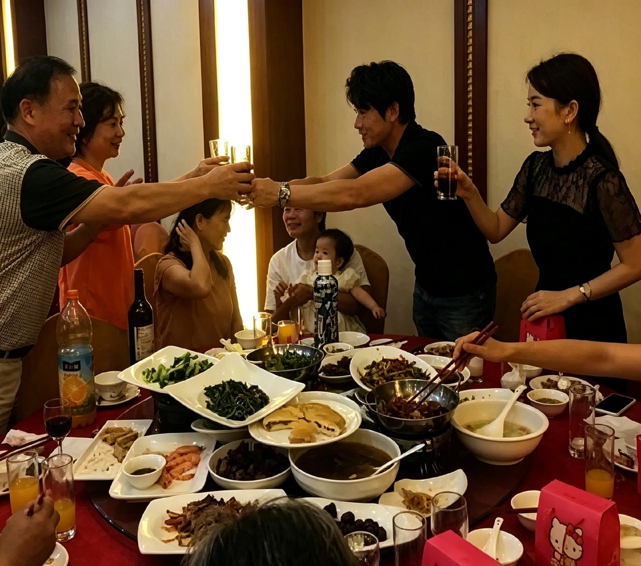 郭富城陪方媛回芜湖老家，饭桌上端着酒杯弯腰跟亲戚碰杯。

不管外面多大腕，到了丈