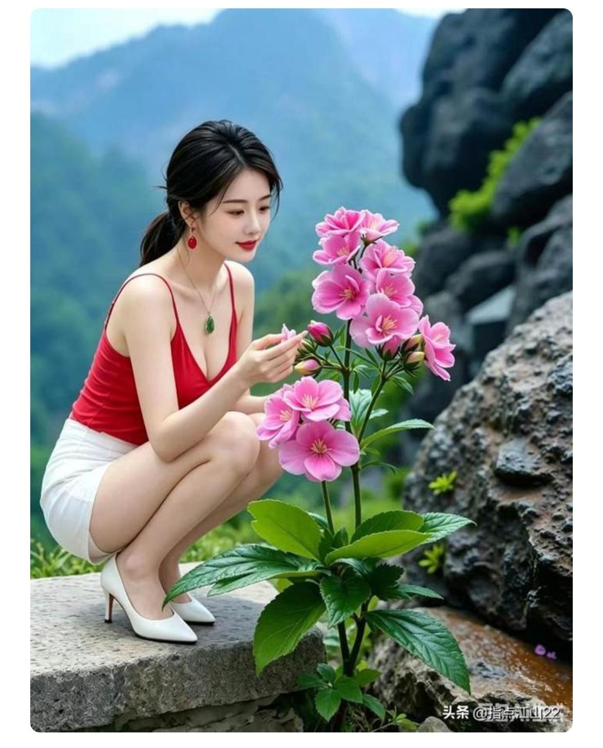 赏花
美女登上半山腰，
蹲在石板观赏花，
花美它是有季节，
我美她是常年开。
