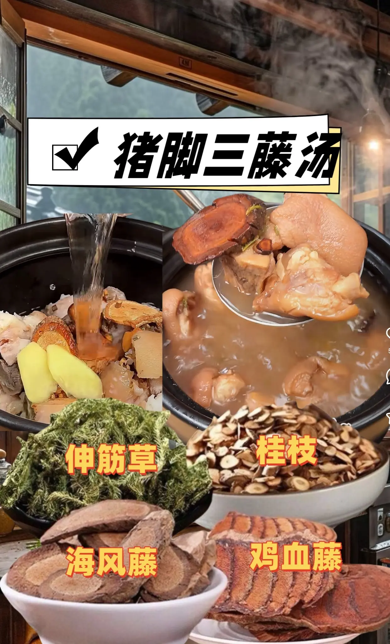 原来猪脚三藤汤好处多多，特别是鸡血藤的用法这么好的，全家老小都要多喝三藤汤