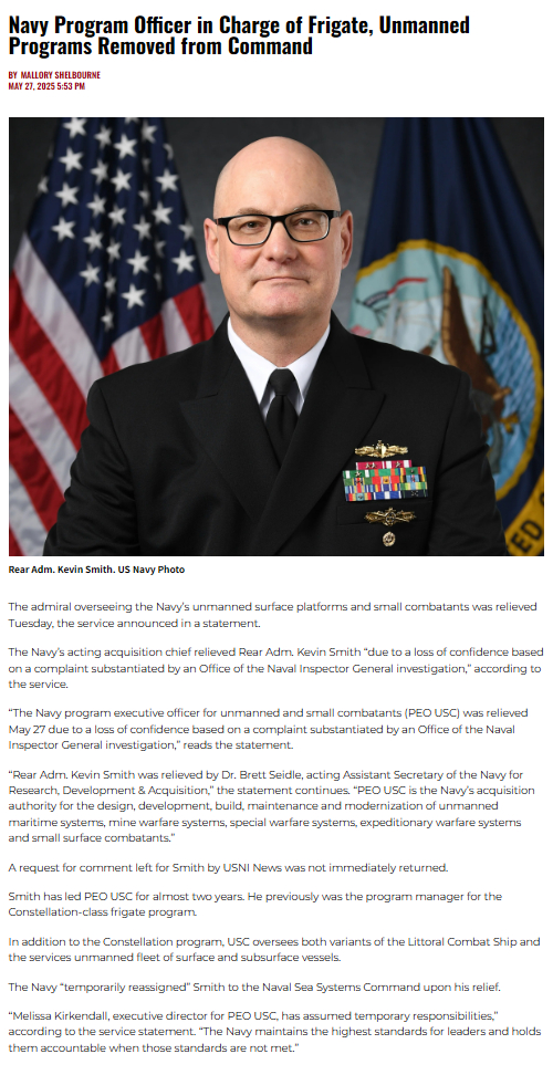 美国海军的史密斯专员被开了。真的就是叫史密斯，海军少将，负责星座护卫舰和无人作战