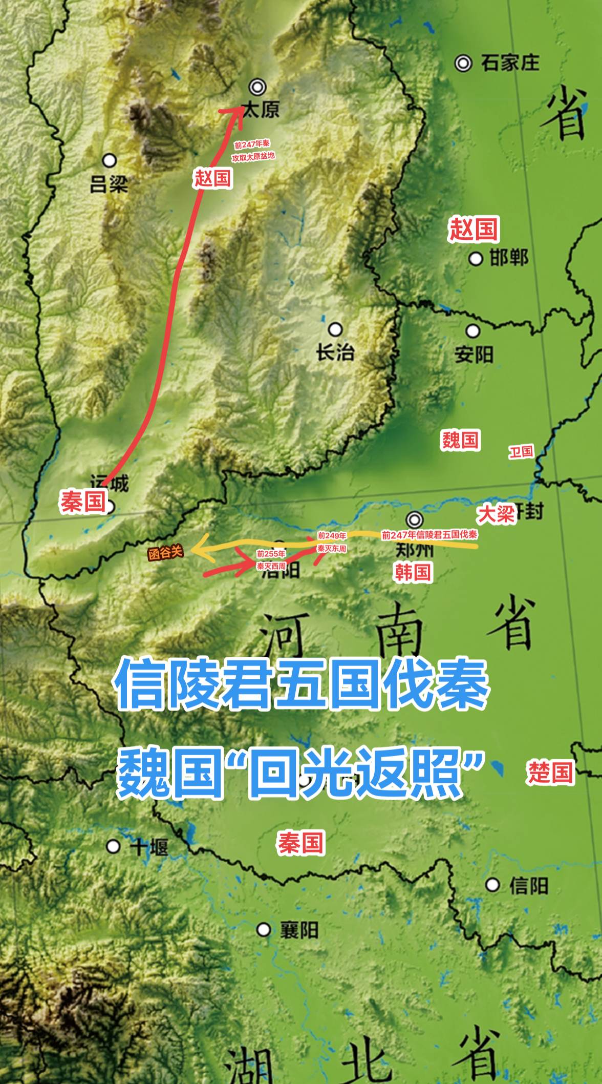 前255年，秦灭强出头的西周，六年以后，同样也希望在濒死前一博的东周（还只在谋划之中），也“享受”了同等待遇。占据了整个洛阳盆地的秦国，兵峰直指魏都“大梁”之西。前247年，“太原盆地”又被秦人攻陷。 
面对步步紧逼的秦国，魏国终于有了国之将亡的感觉了，此时唯一的办法就是和诸侯们再次联手，变被动防守为主动攻击，看看能不能把秦人突入华北平原的突出部给挤压回去了，让崤函之险重新成为阻隔秦人东进的天险。 
公元前247年，信陵君任联军主帅，带领五国联军（魏韩赵楚卫五国）在黄河以南与秦军决战，并大败秦军后一路追至函