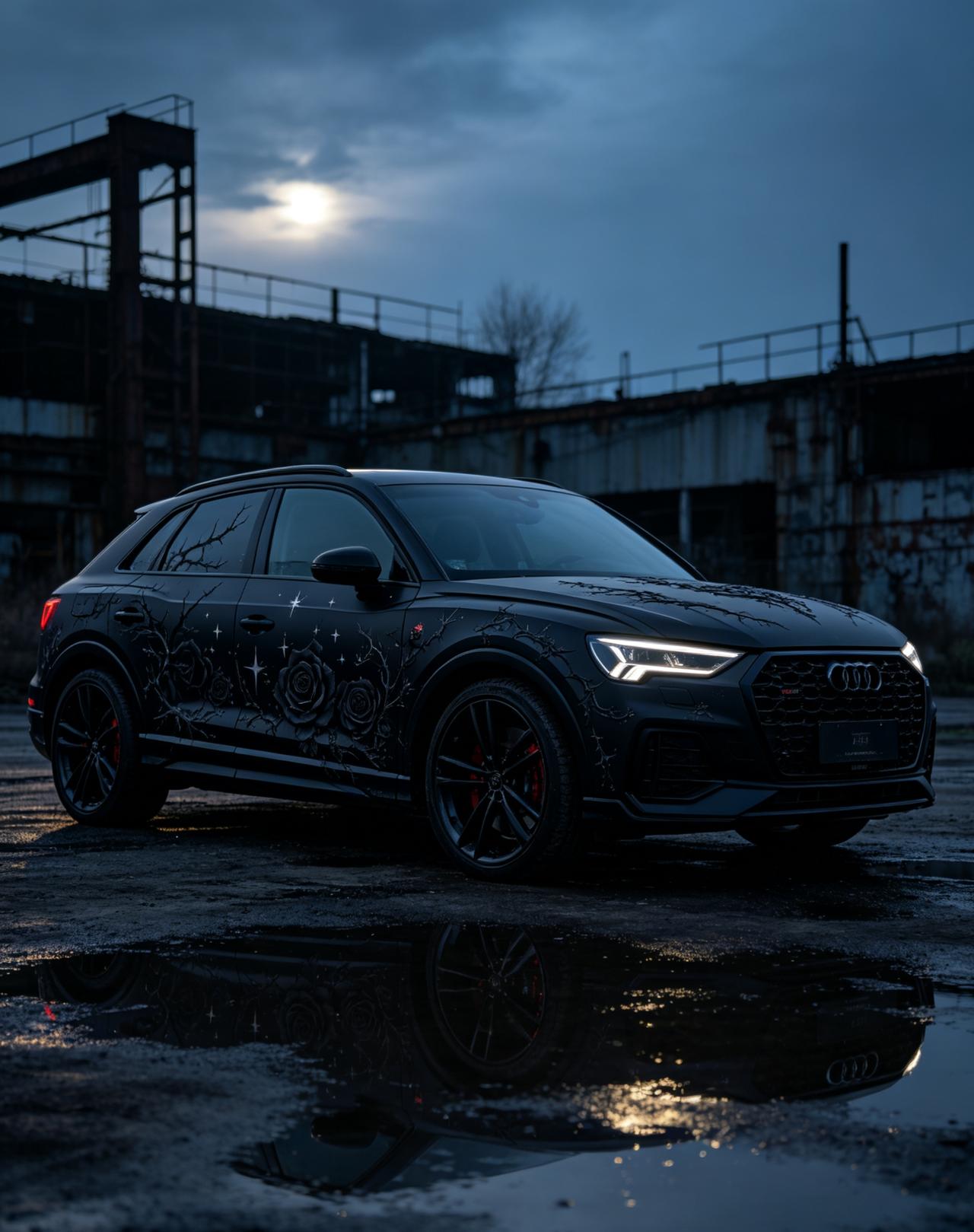 奥迪Q3 SUV， 亚文化专属暗黑哥特痛车方案！全车哑光黑打底，暗藏荆棘魔女暗纹