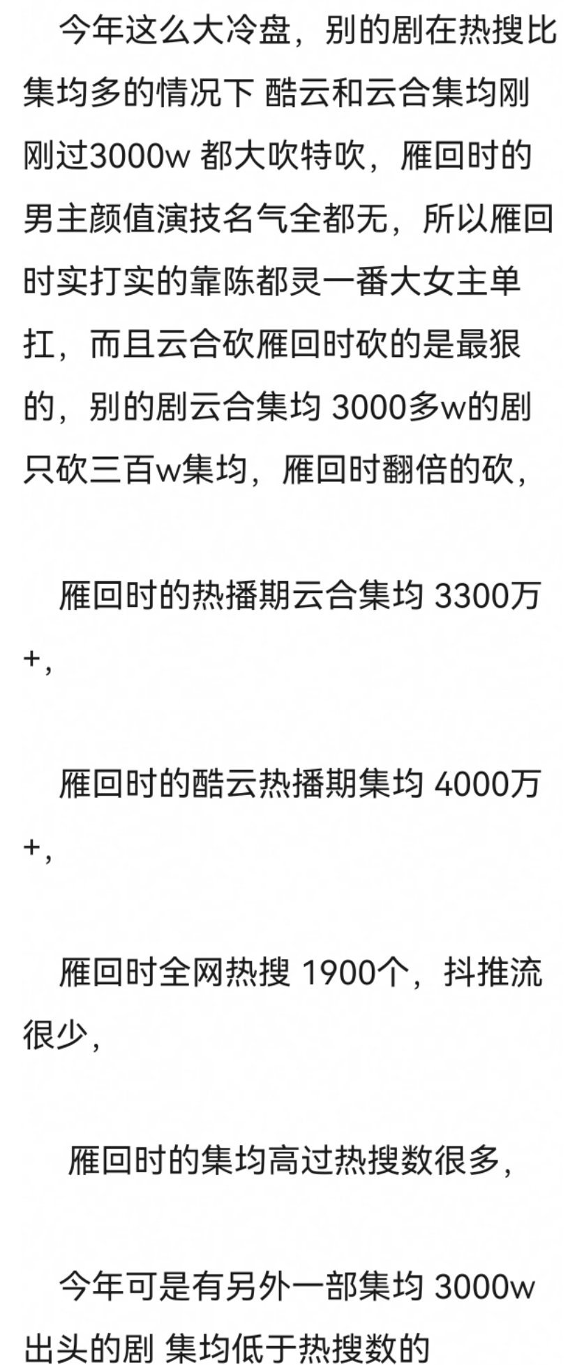 现在来看，陈都灵一番单扛的“雁回时”在营销宣发一般的情况下，热播期云合集均 33
