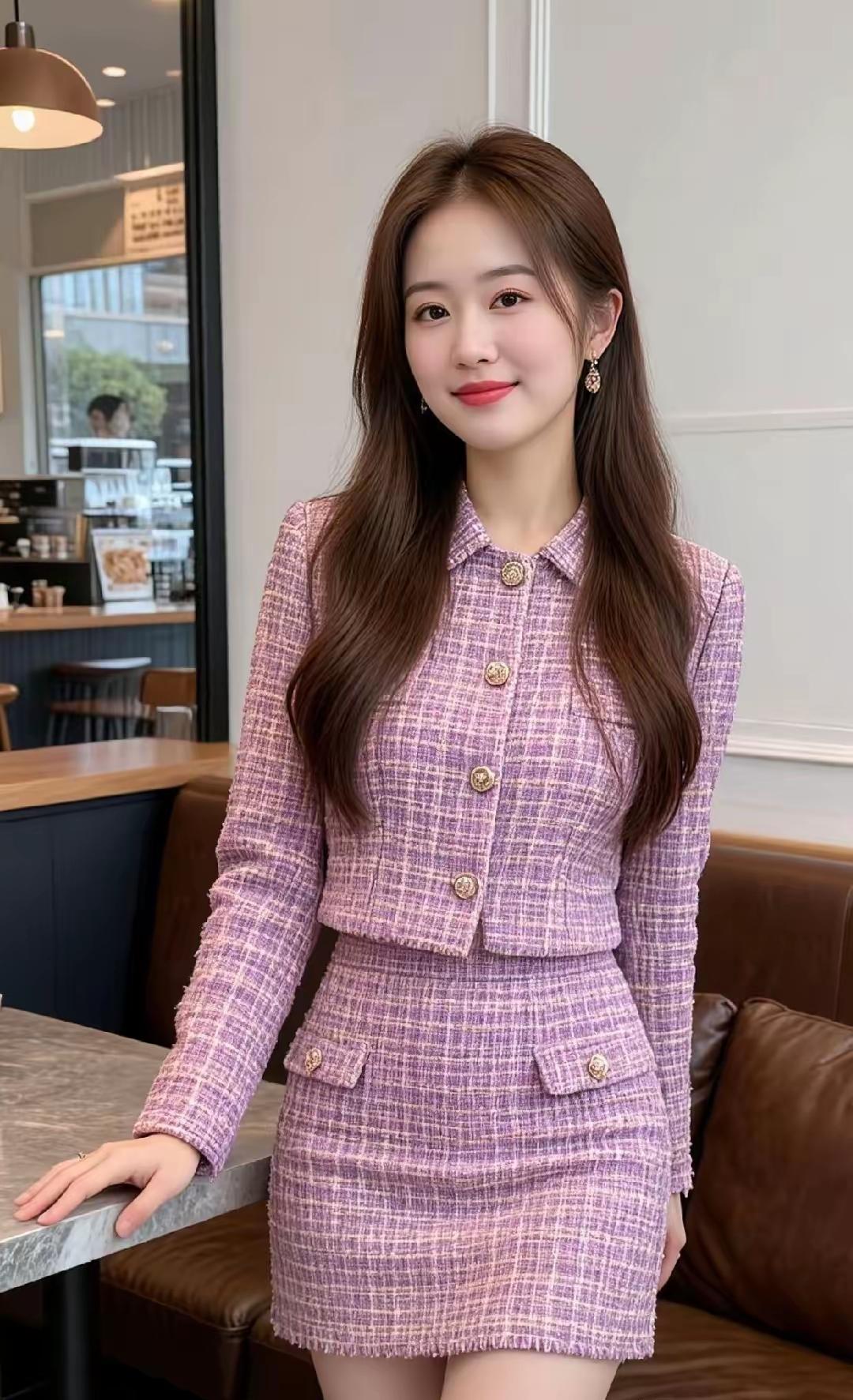 优雅紫格纹套装，咖啡馆里的时尚少女