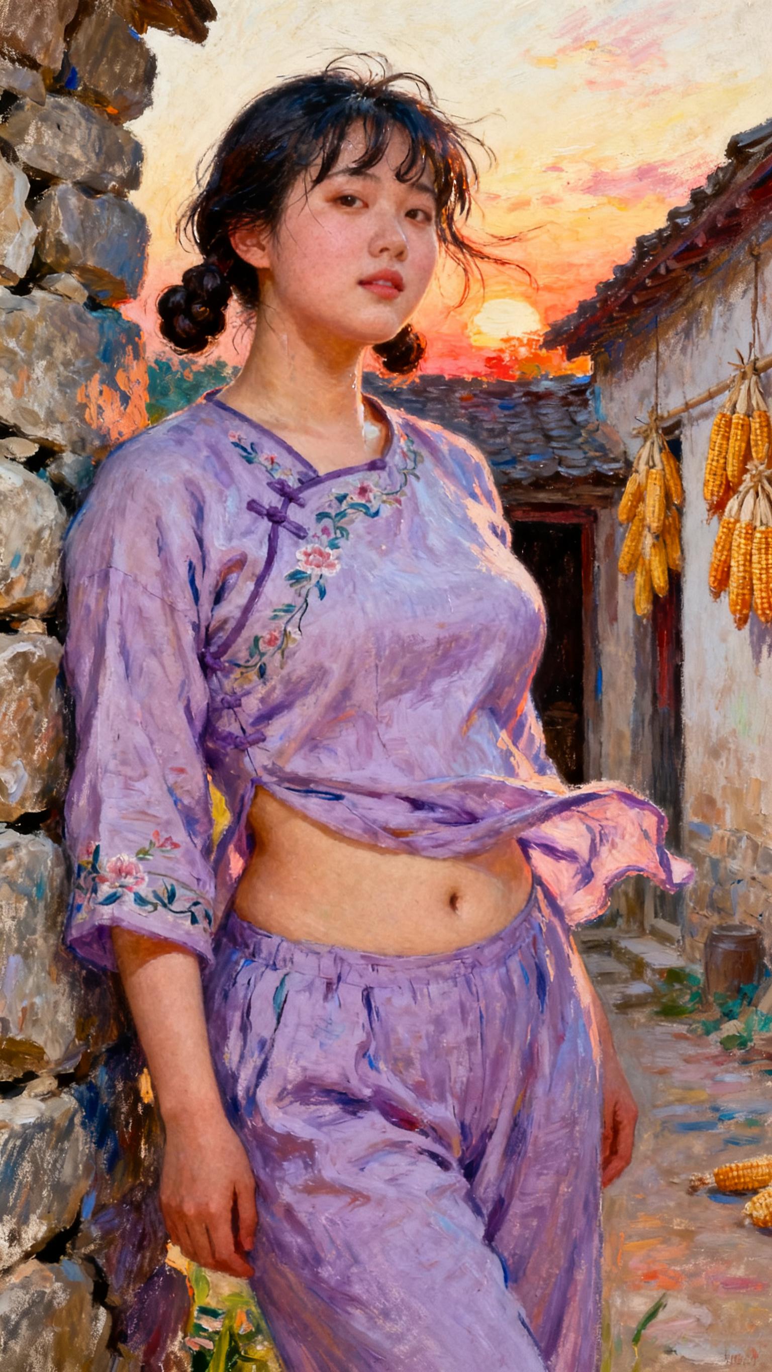 乡土气息落日余晖映晚霞一抹夕阳美如画  年代