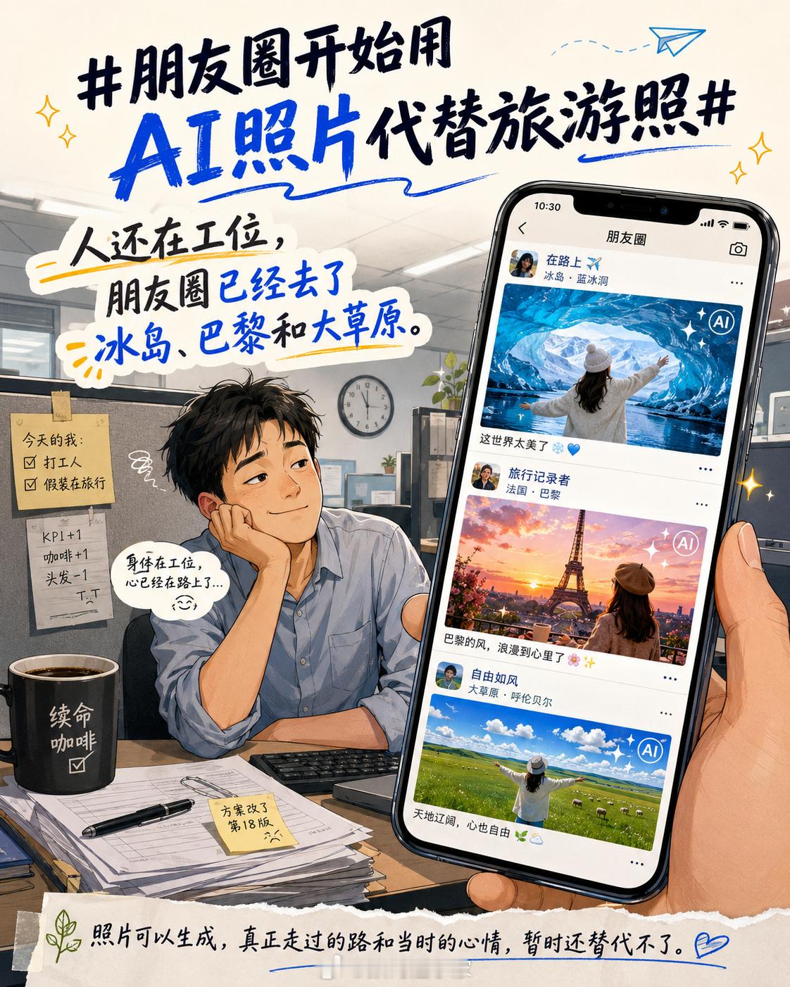 朋友圈开始用AI照片代替旅游照人还在工位，朋友圈已经去了冰岛、巴黎和大草原。AI
