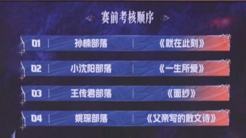 披荆斩棘赛前考核顺序出炉啦：孙楠部落《就在此刻》小沈阳部落《一生所爱》王传君部落