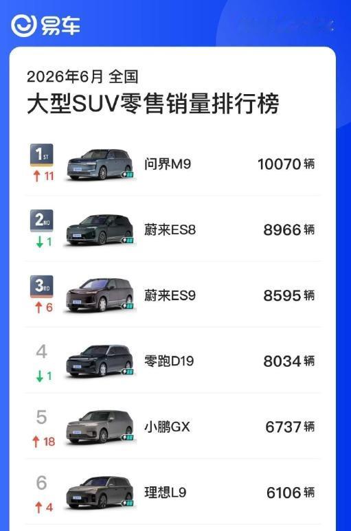 大型SUV市场变天，问界M9破万领跑，蔚来双车围剿
6月大型SUV销量榜出来了，