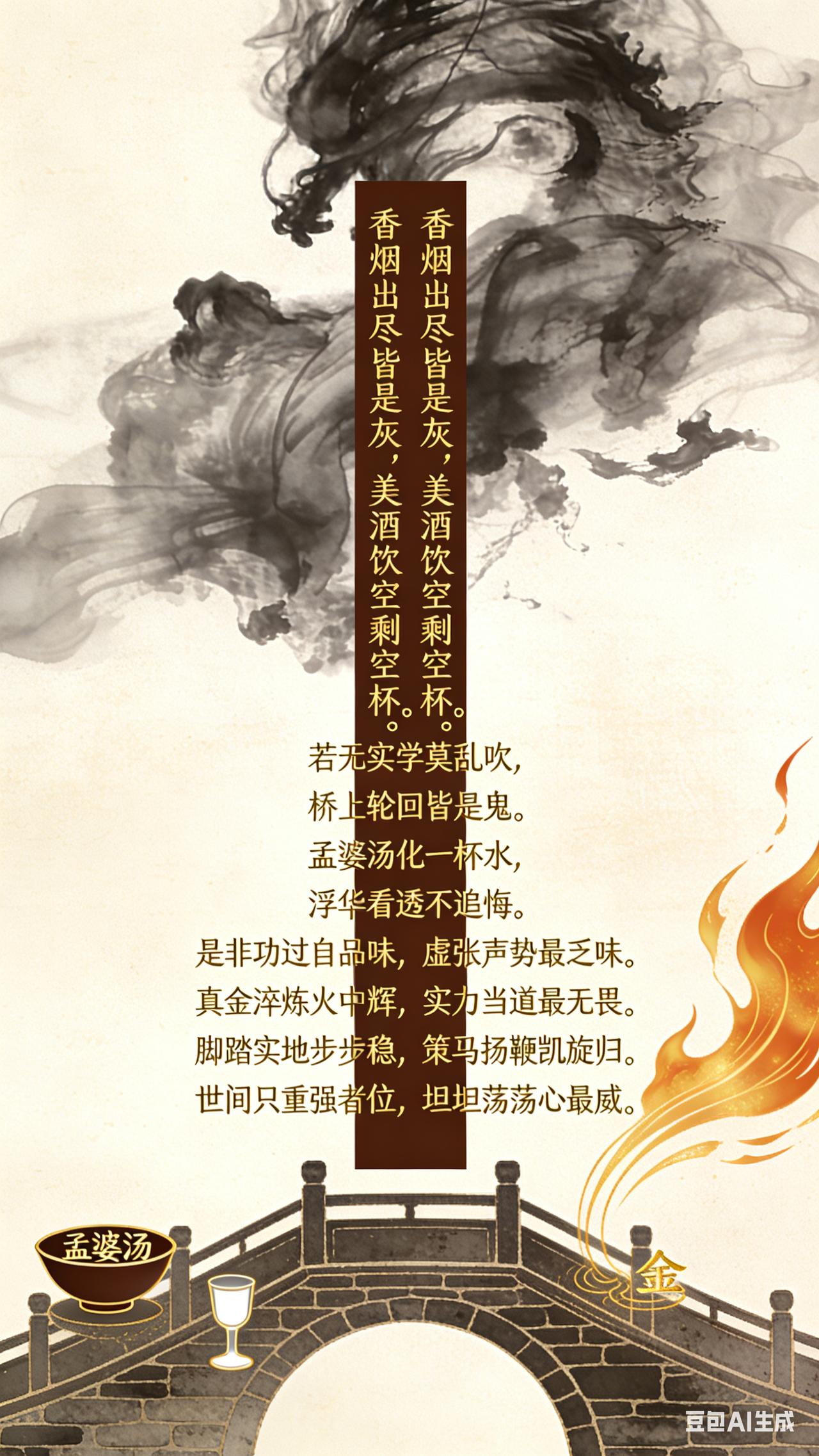 人生感悟：
 
香烟抽尽皆是灰，美酒饮空剩空杯。
若无实学莫乱吹，桥上轮回皆是鬼