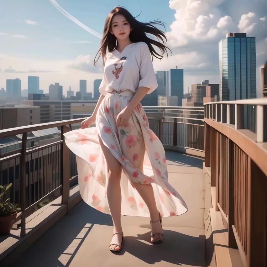 少女在都市天台上飘逸漫步，裙摆飞扬，自在如风。