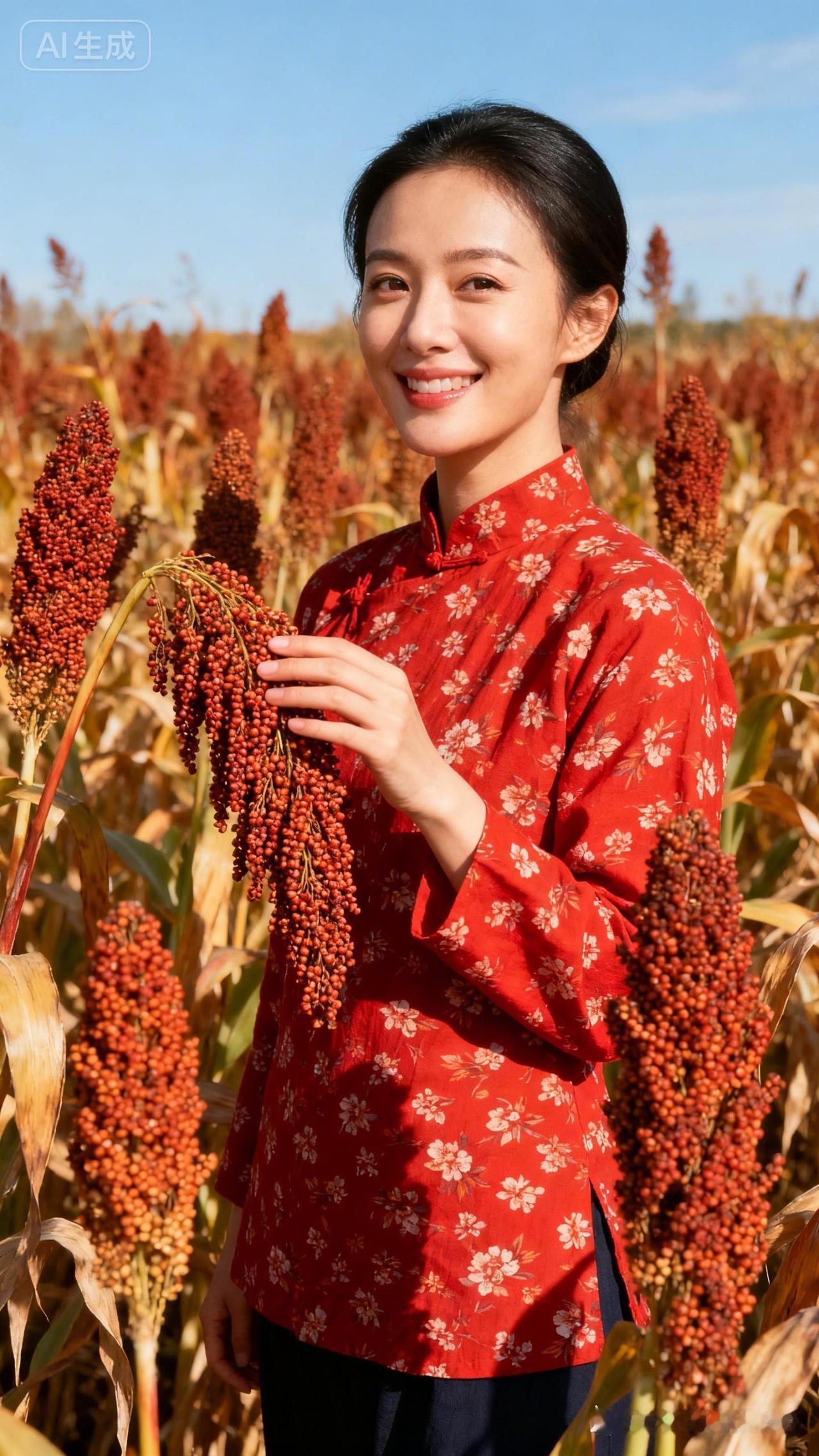 秋日田野，红衣少女与丰收的喜悦！