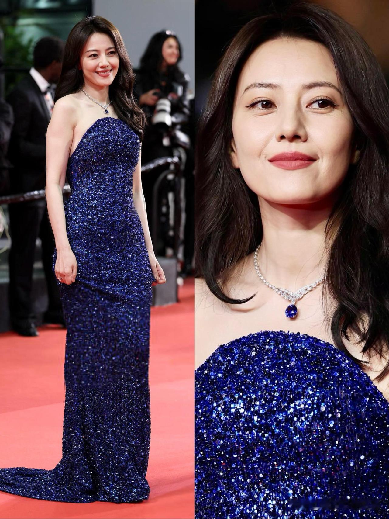 46岁的高圆圆红毯生图惊艳四座！戛纳电影节上，她一袭深海蓝亮片鱼尾裙摇曳生姿，芭
