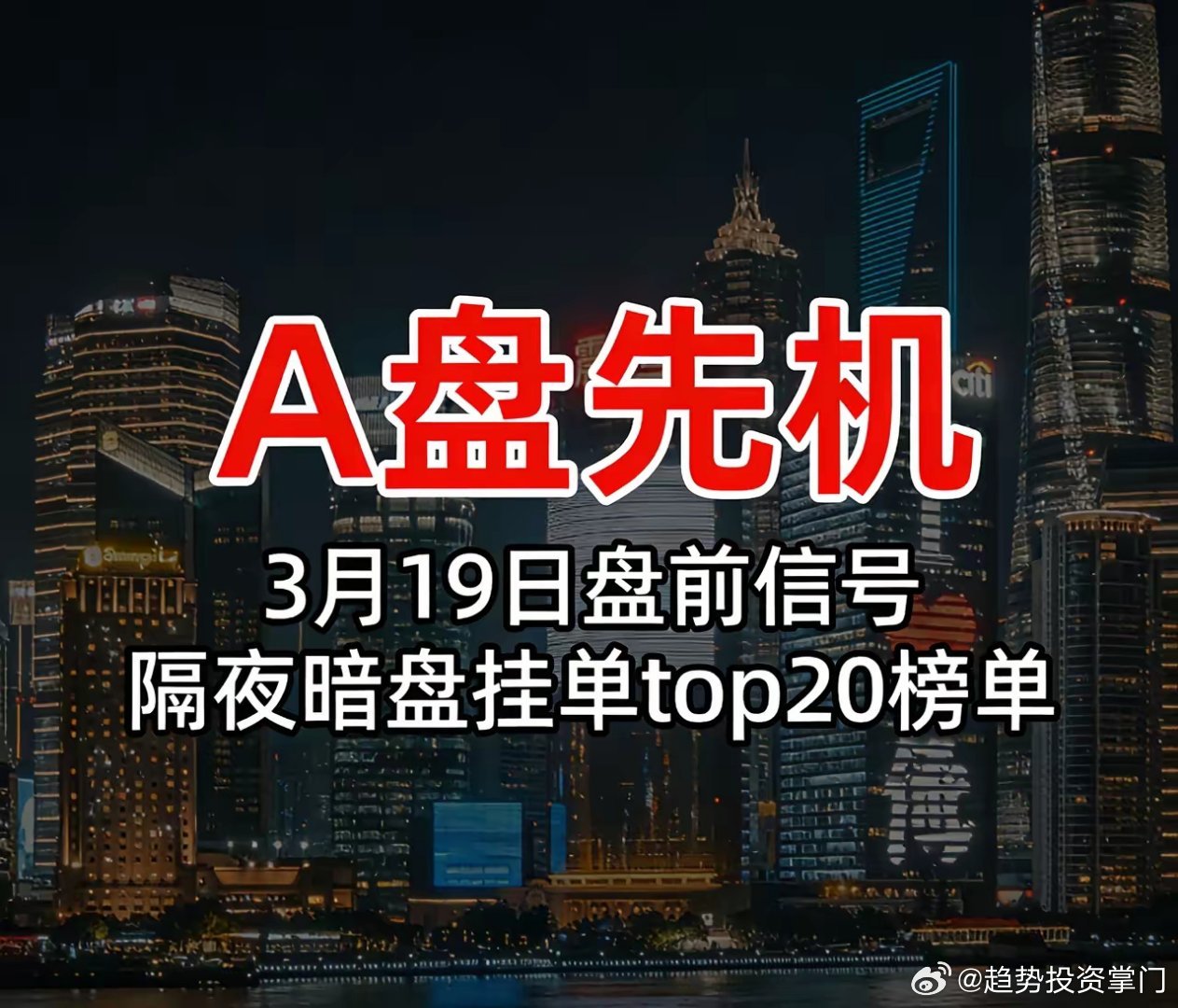 3月19日盘前信号｜隔夜挂单TOP20温馨提示：数据仅供参考，不构成投资建议一、