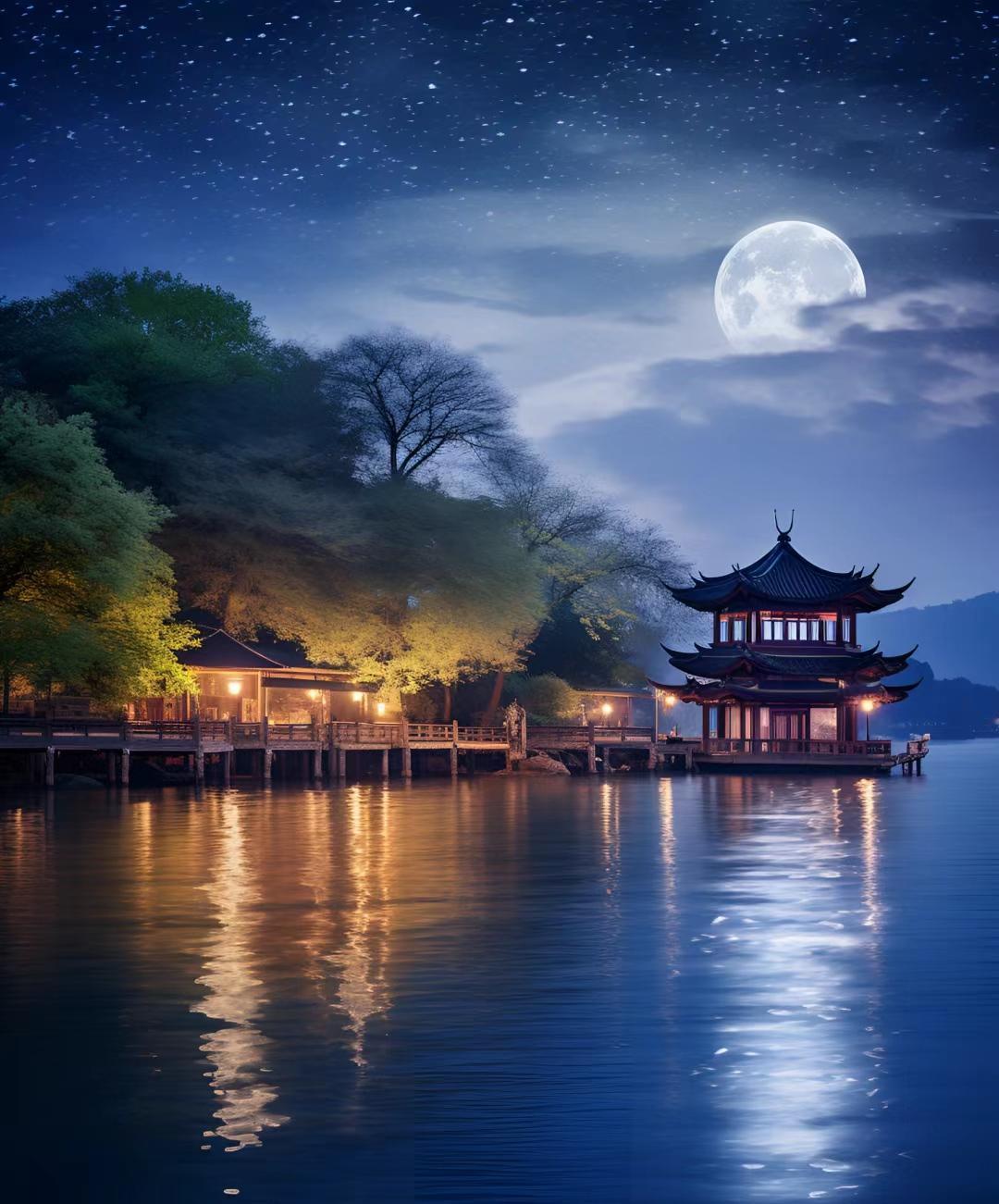 下联：荷风柳岸夜闻香

赏析：上联“碧水楼台江映月”绘静景，碧水楼台倒映江月，空