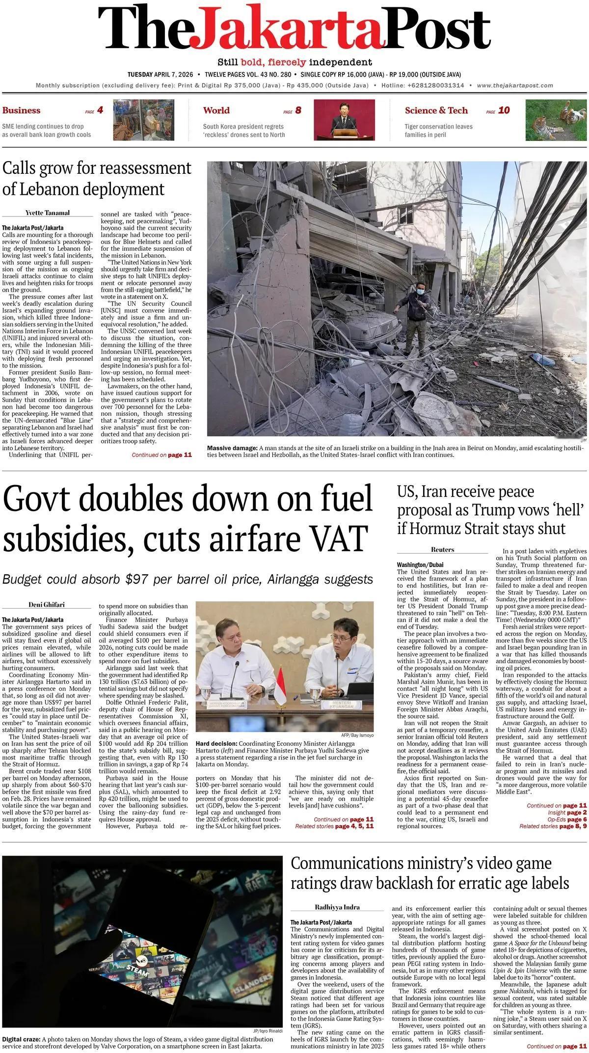 《雅加达邮报》头版报道称，民众要求印尼政府重新评估在黎巴嫩部署情况的呼声日益高涨