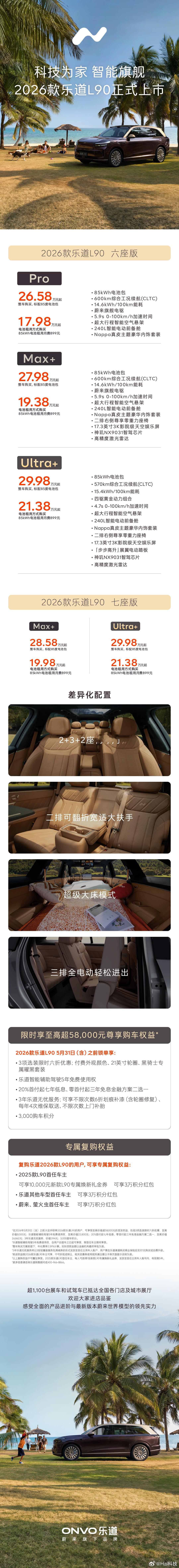 2026款乐道L90正式上市，提供六座/七座两种座椅布局，以及Pro、Max+和