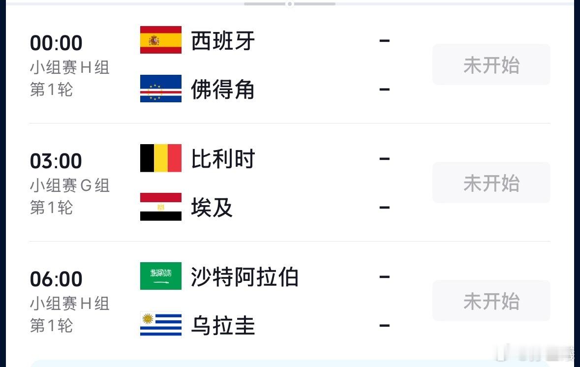 昨天猜对两个，今天两个没悬念吧西班牙🇪🇸胜佛得角🇨🇻比利时🇧🇪胜埃及