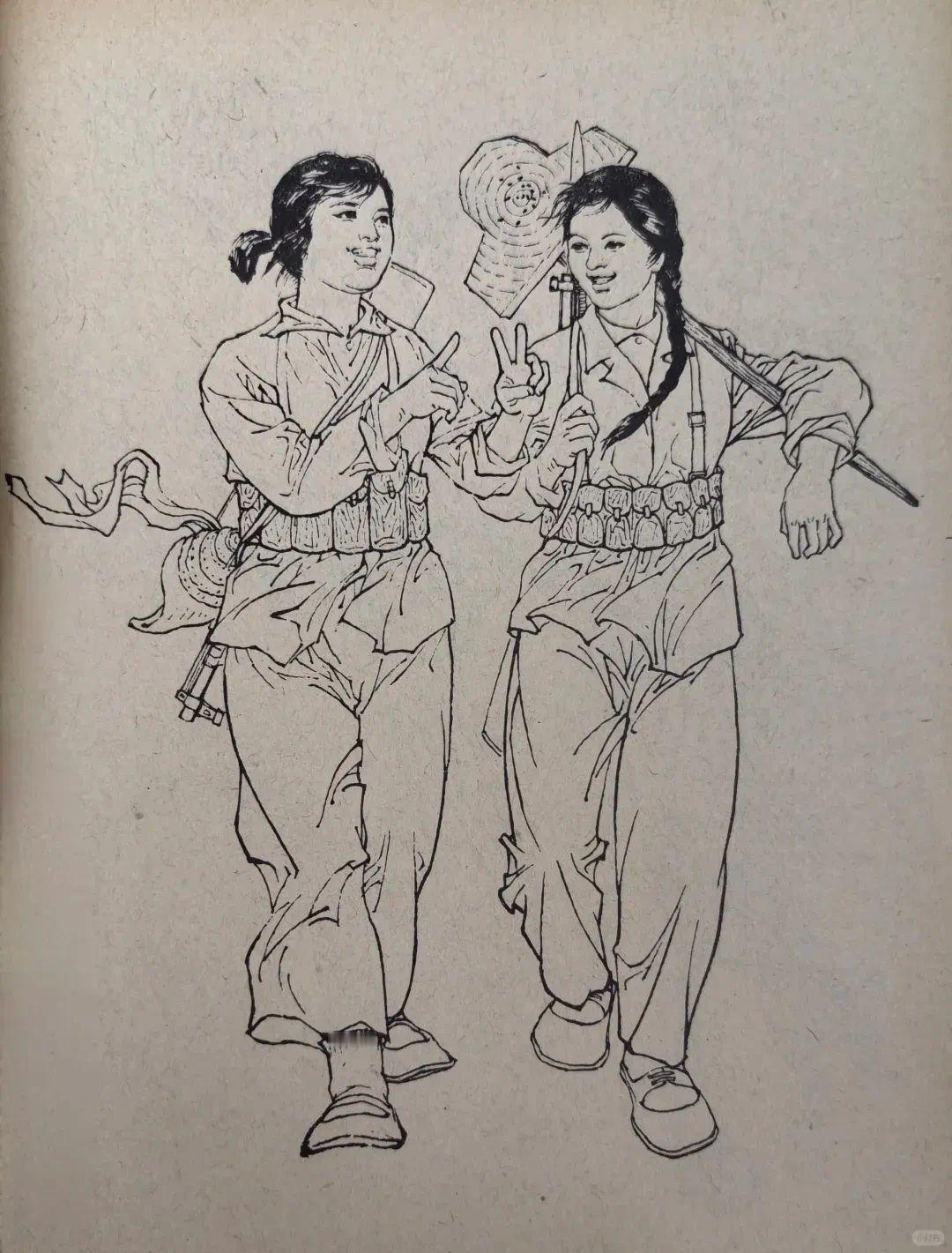 60-70年代的主流美术风格线描画，干净利落的白描技法，记录了当时的时代风貌。