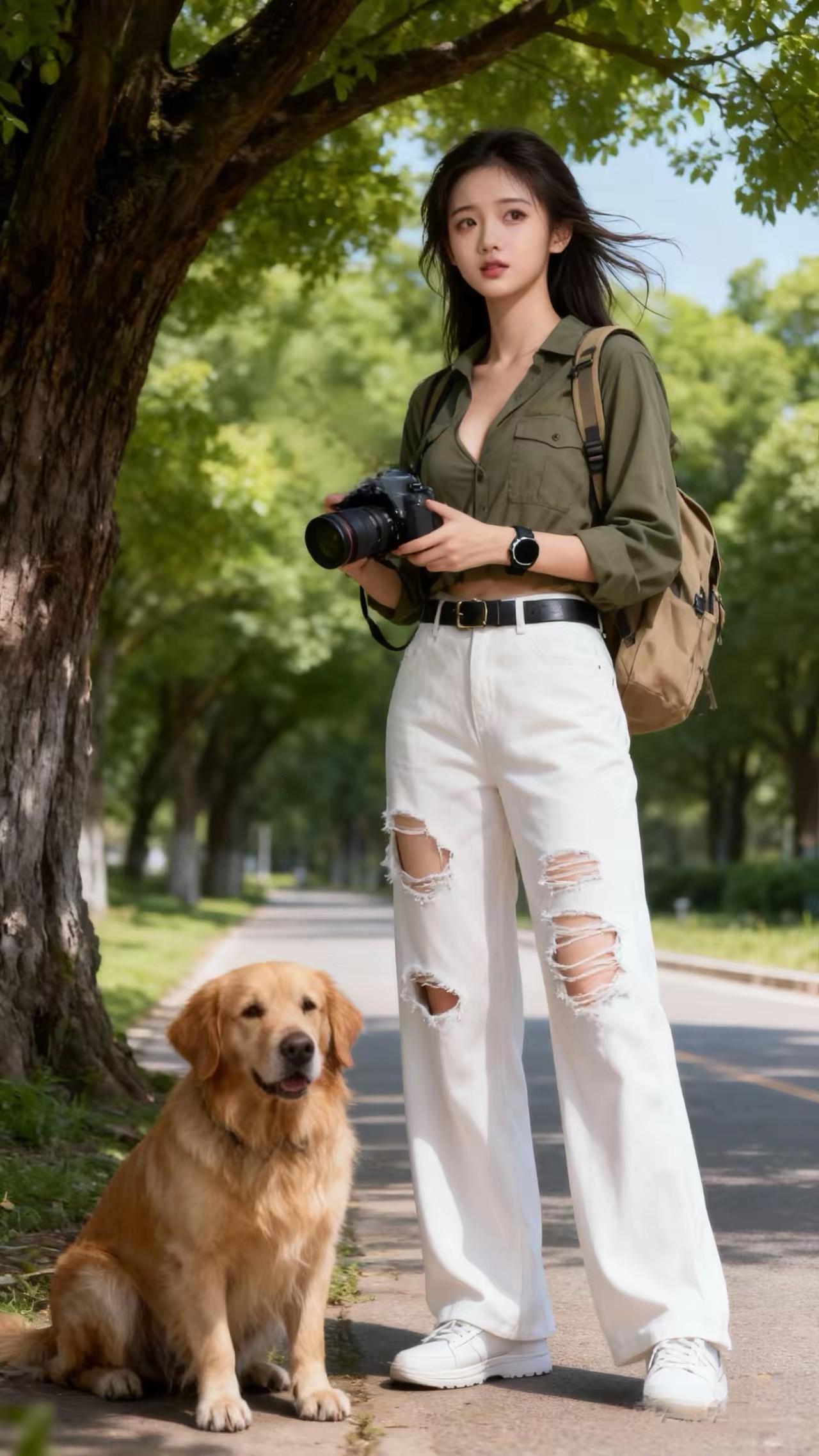 绿树掩映下，少女与犬相伴。