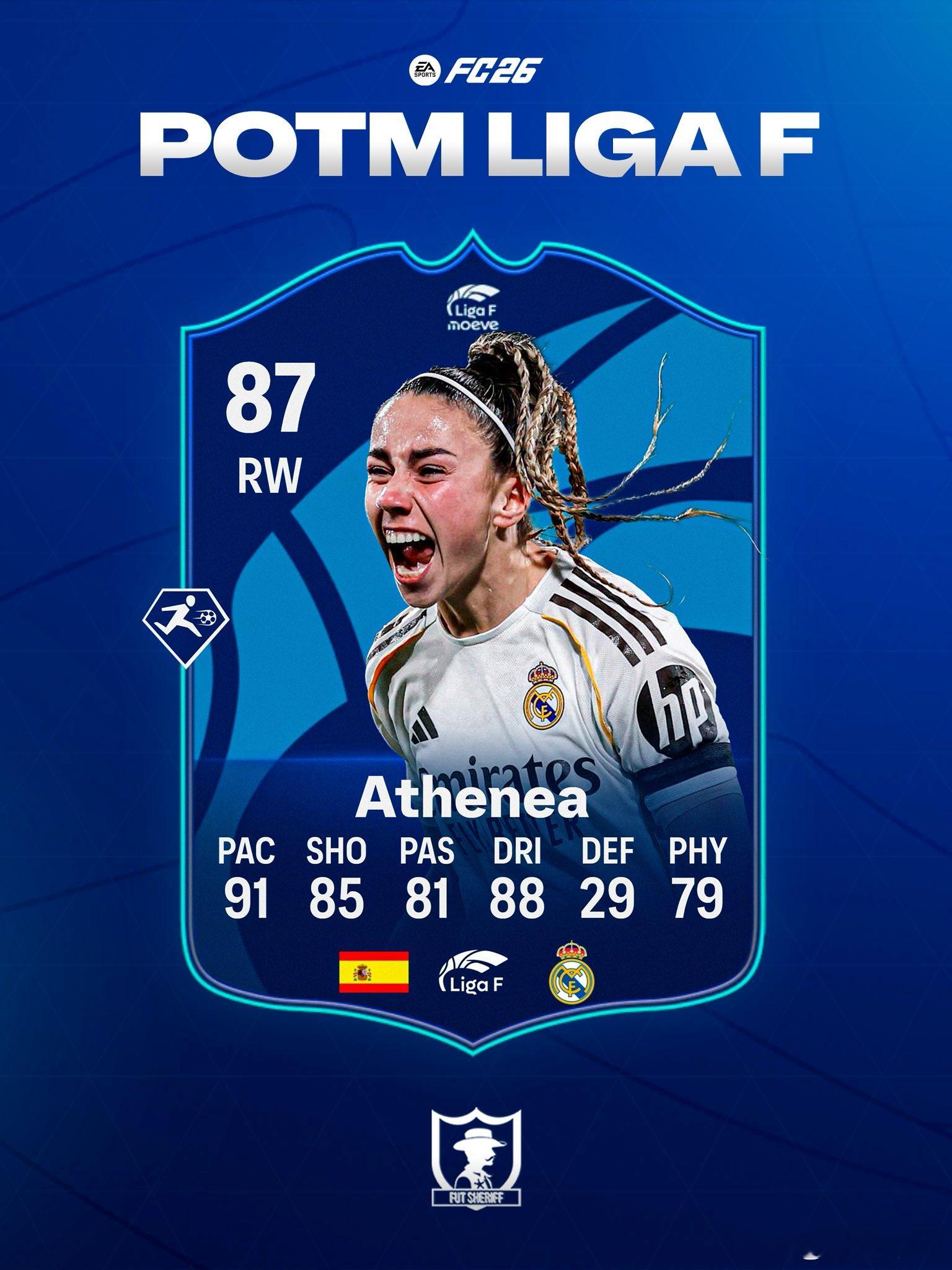 西班牙女足联赛一月最佳球员：雅典娜。FC26