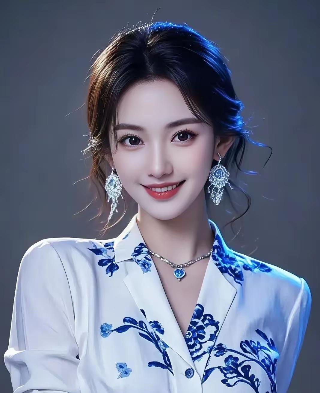 优雅蓝花衬衫，闪耀耳环，甜美笑容，元气满满的一天！🌸💎😊